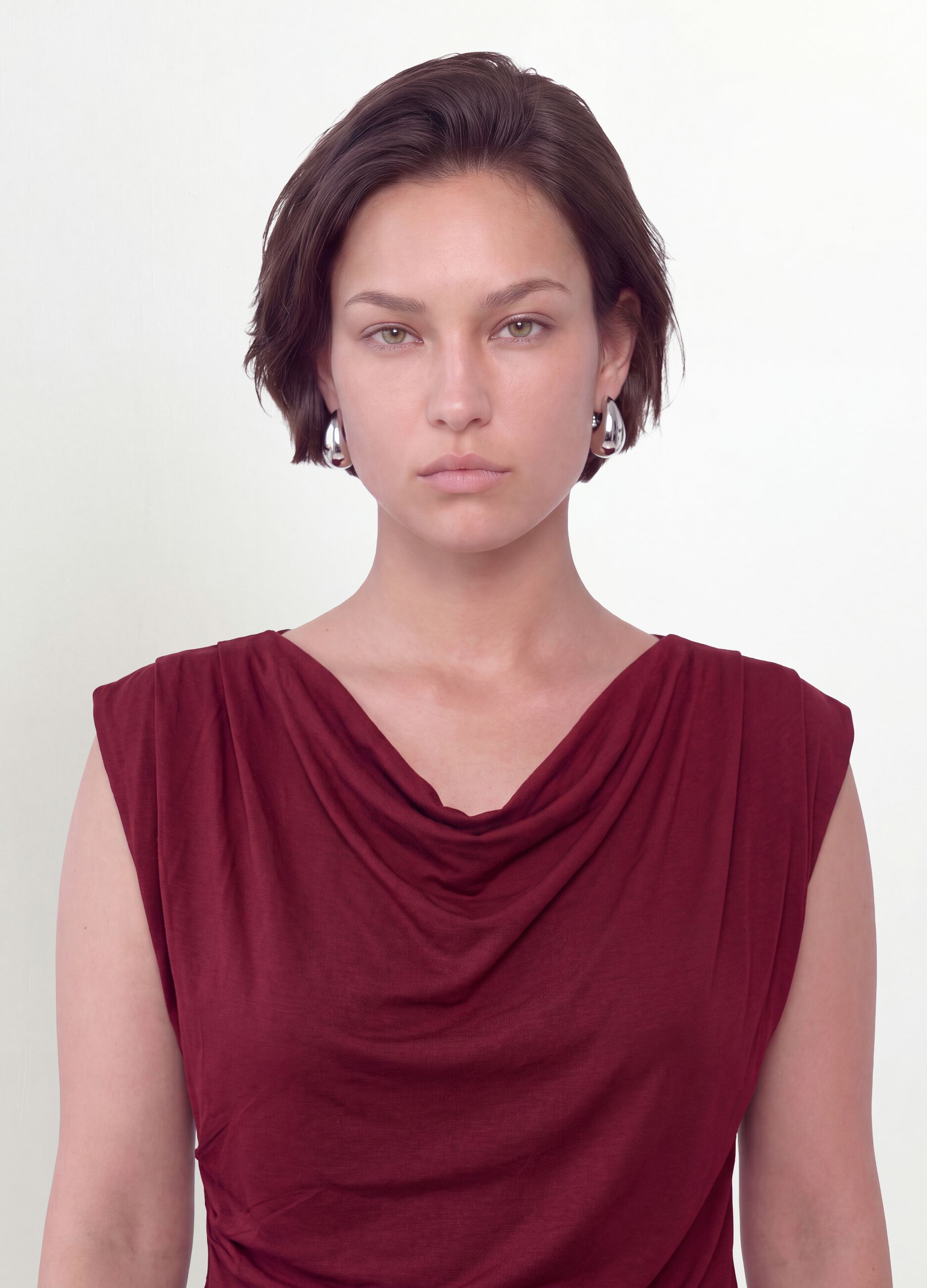 Red stretch viscose T-shirt with draped neckline