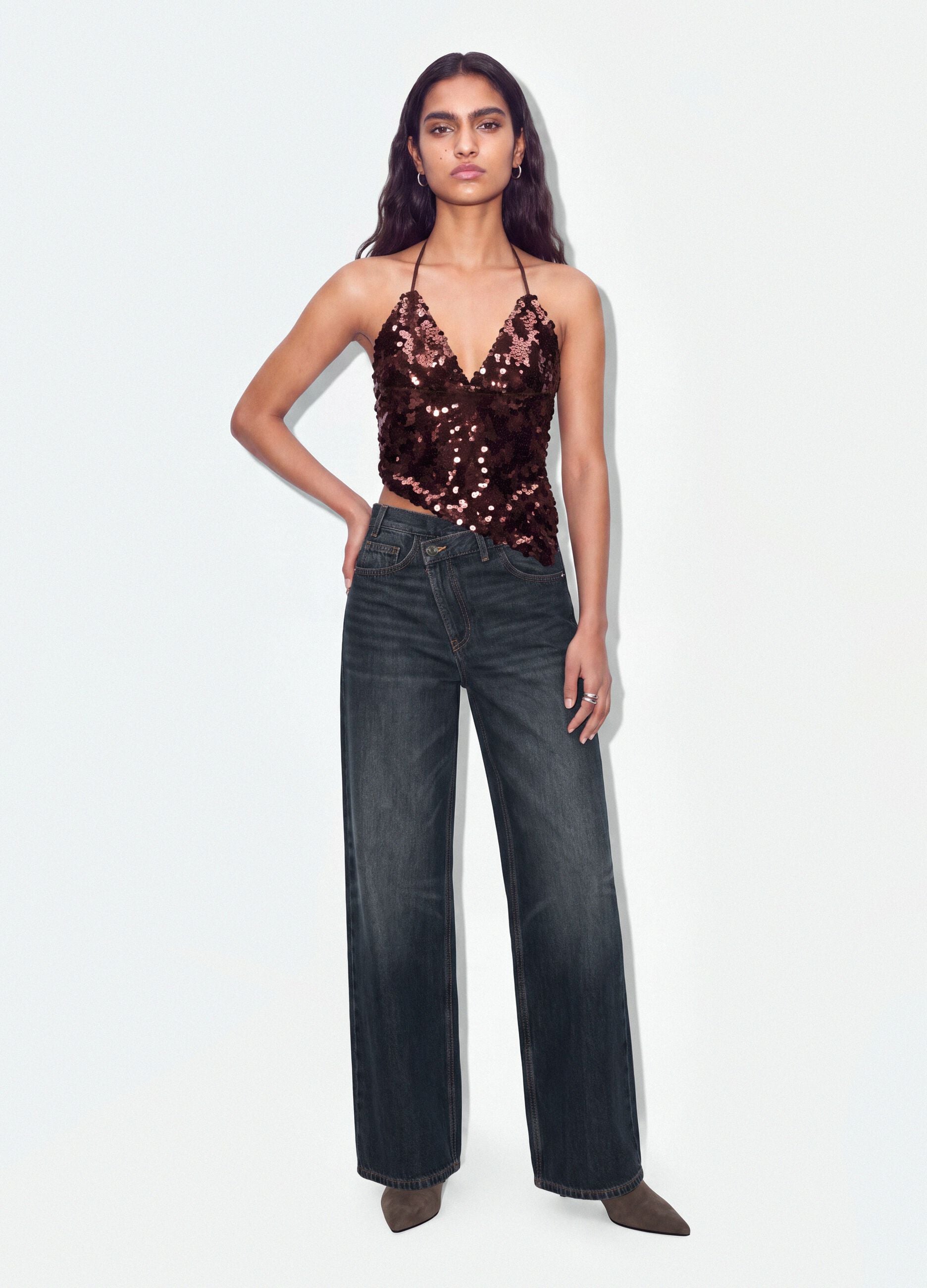 Brown sequin stretch-fabric top