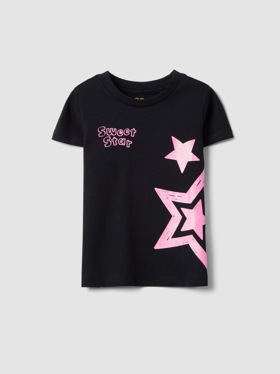 Girls' Regular Fit Black Pure Cotton T-Shirt with Stars_0