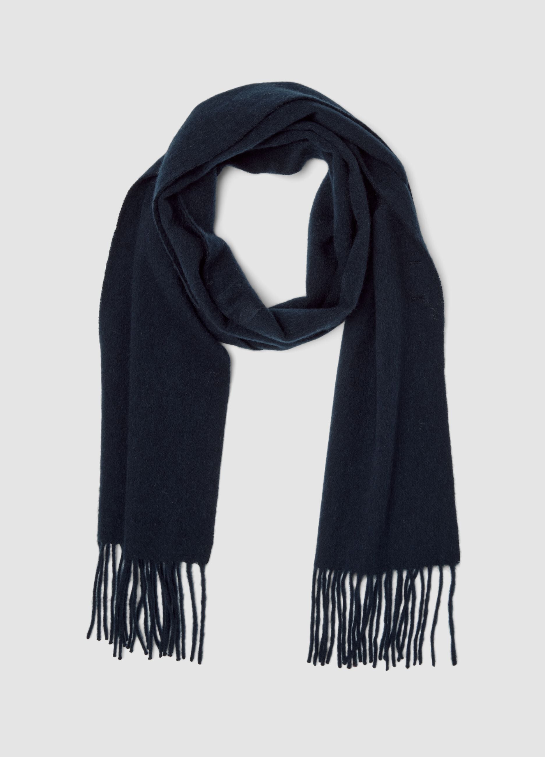 Sciarpa blu in puro cashmere con frange