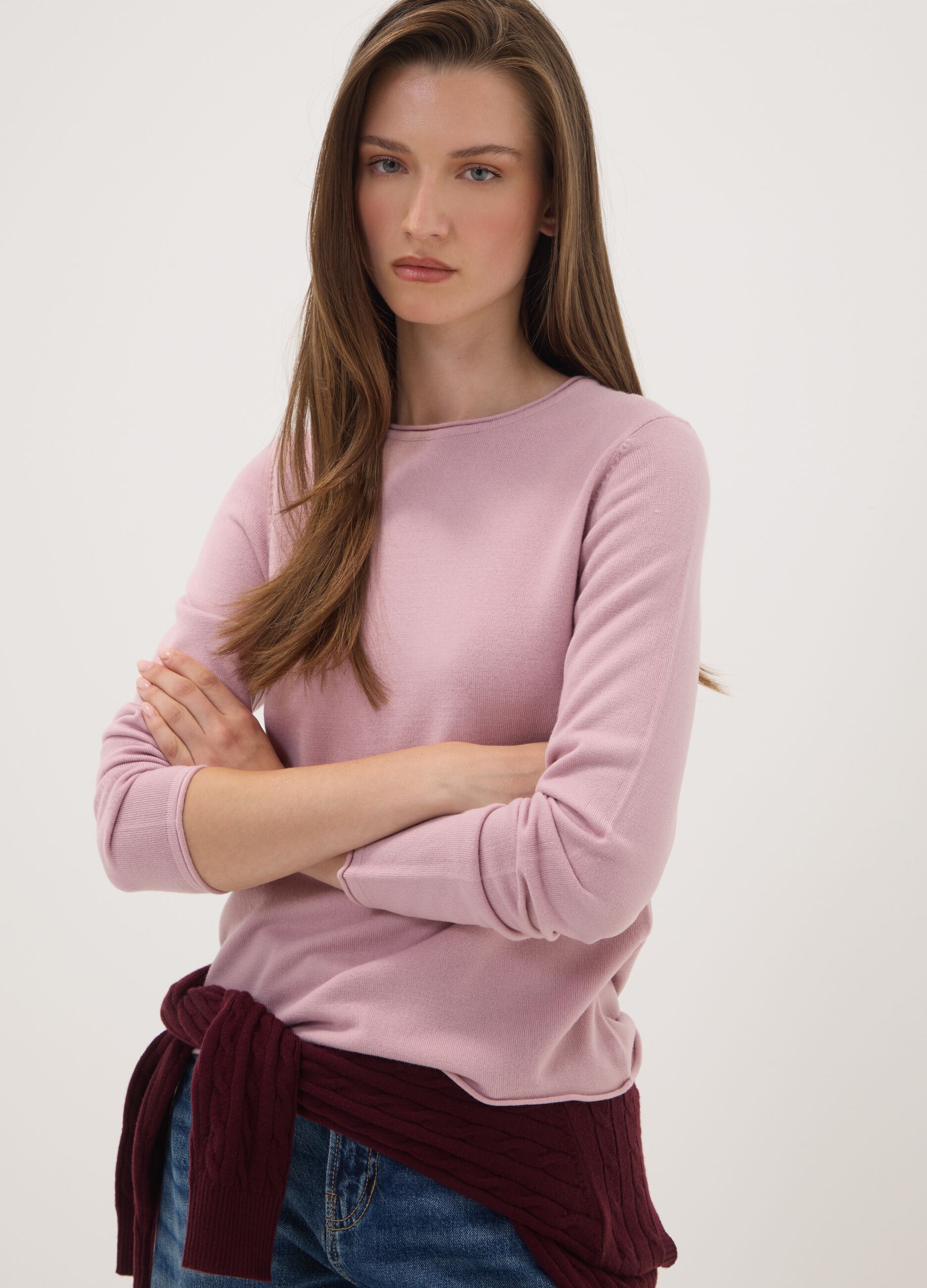 Pink fitted long-sleeve crew-neck top