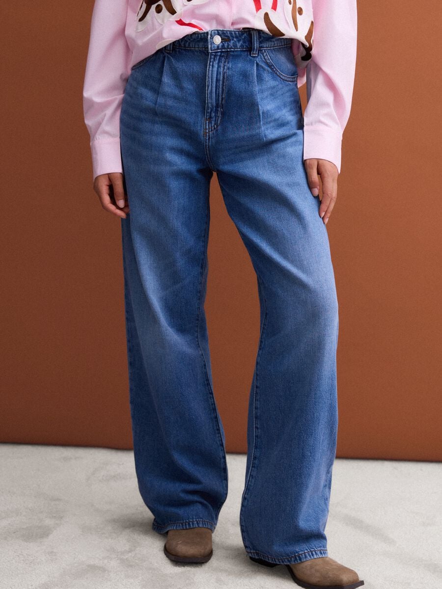 High-waisted wide-leg blue jeans in pure cotton_1
