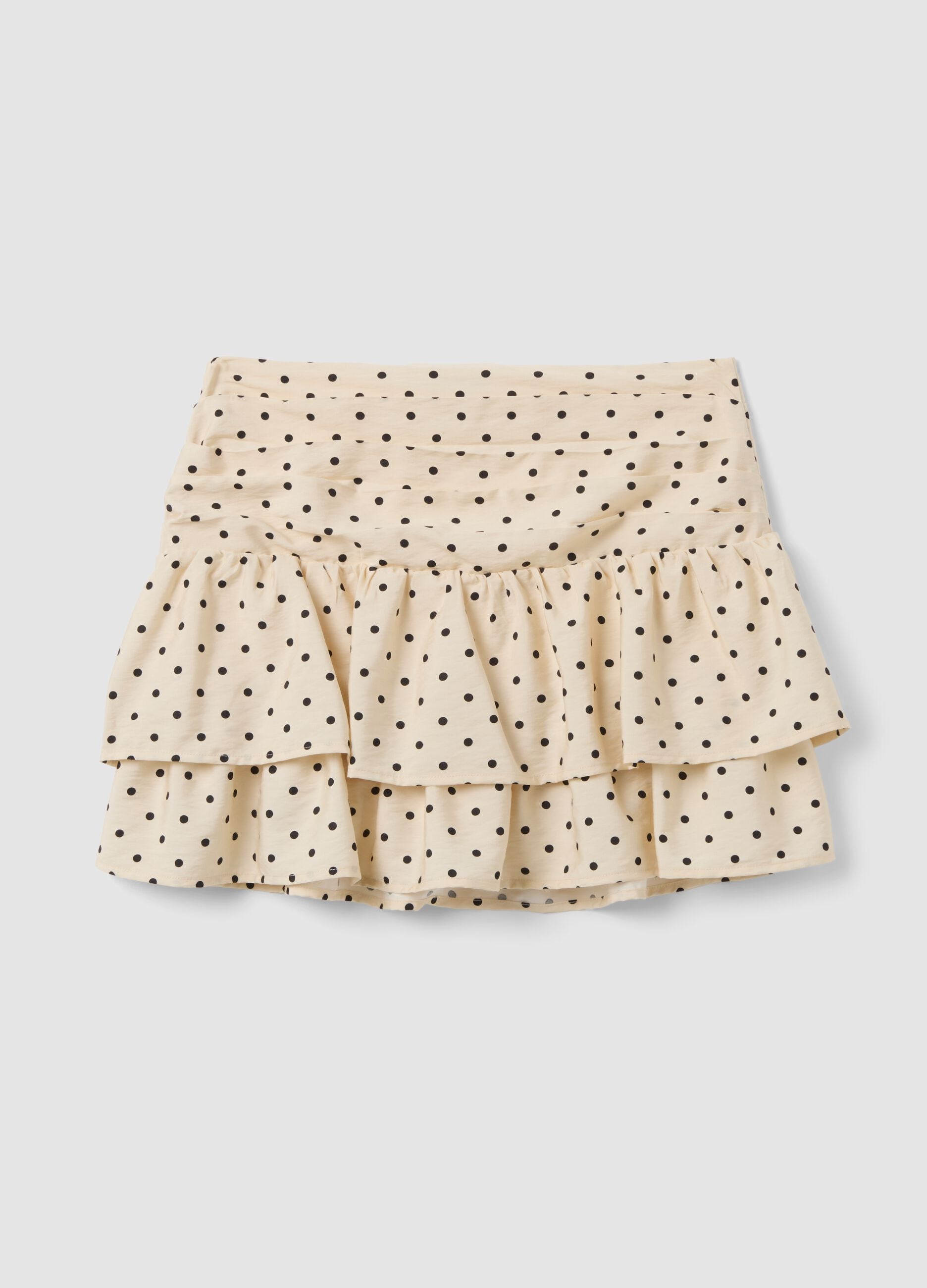 Beige polka-dot viscose-blend skirt with ruffles