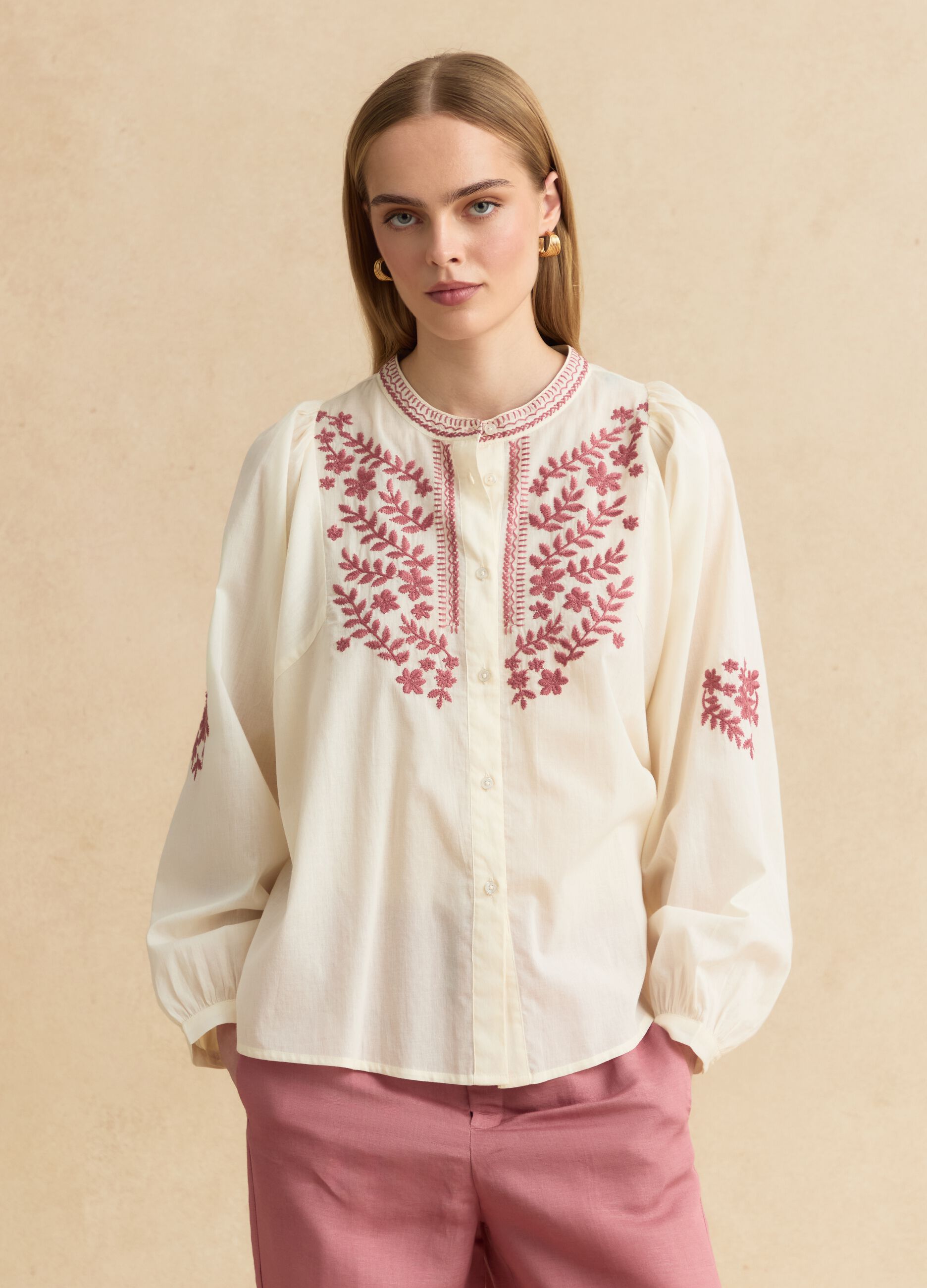 Beige pure cotton shirt with floral embroidery