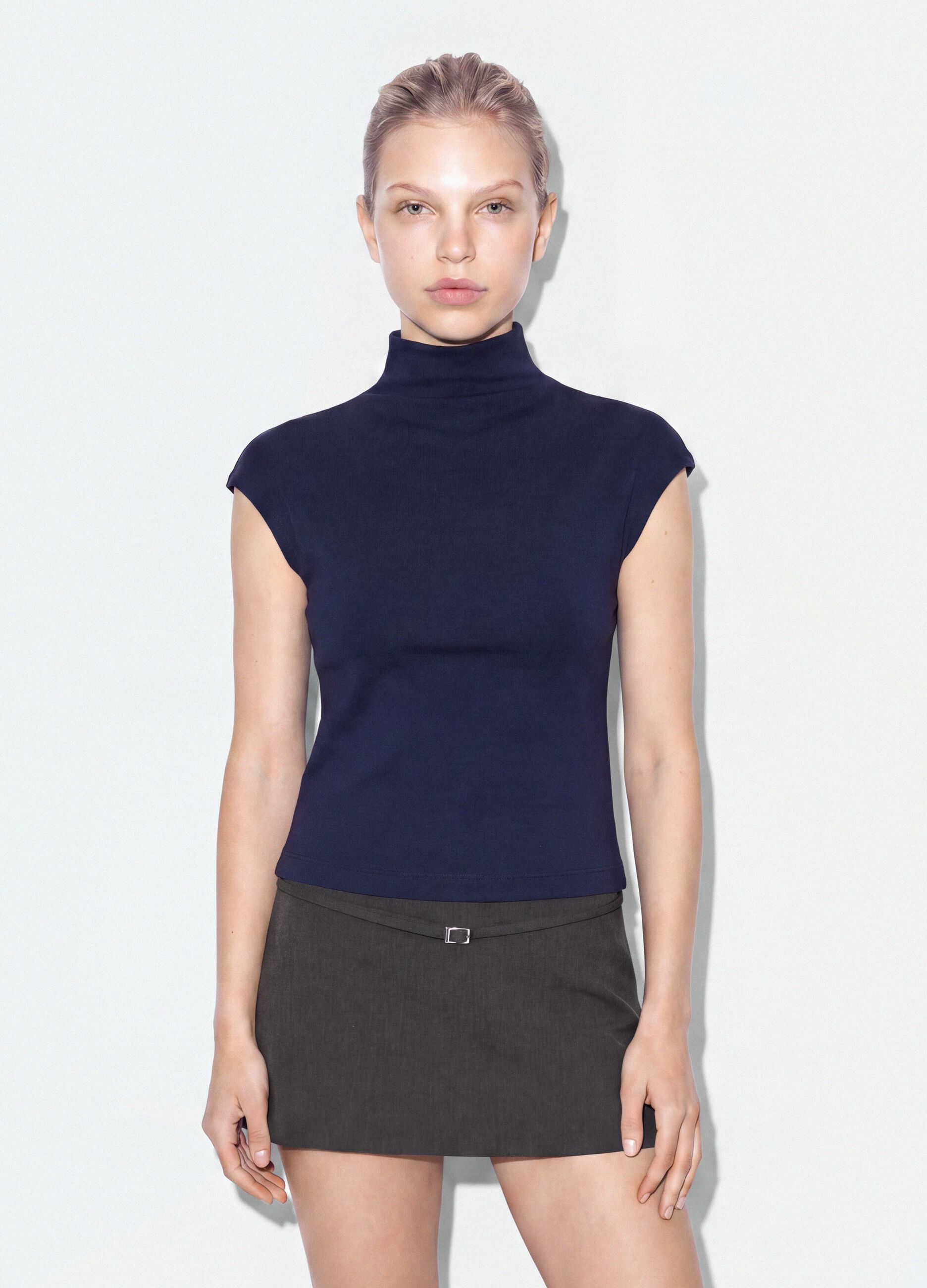 Blue fitted high-neck T-shirt in modal and stretch cotton