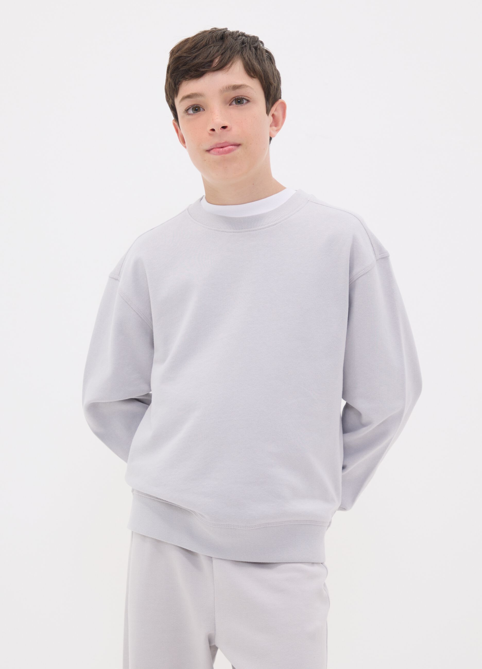 Grey pure cotton crew-neck sweatshirt for boys, relaxed fit