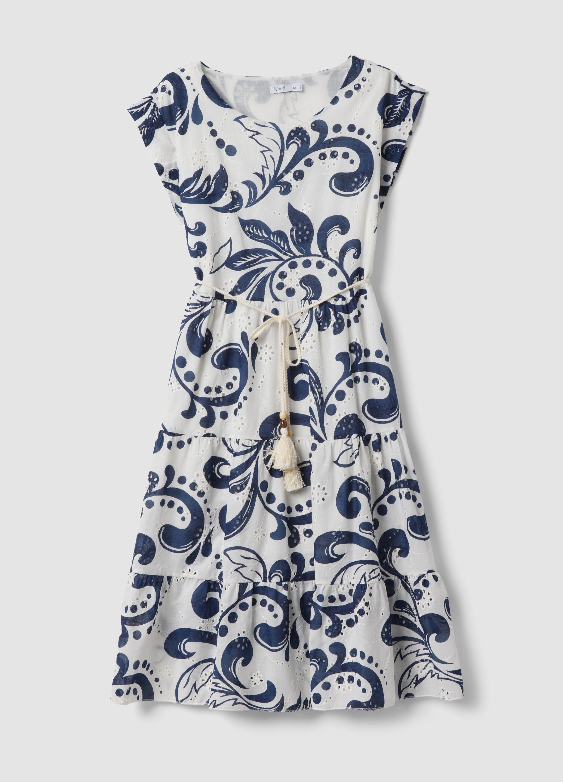 Vestido azul e branco em puro algod&atilde;o com padr&atilde;o e cinto de corda