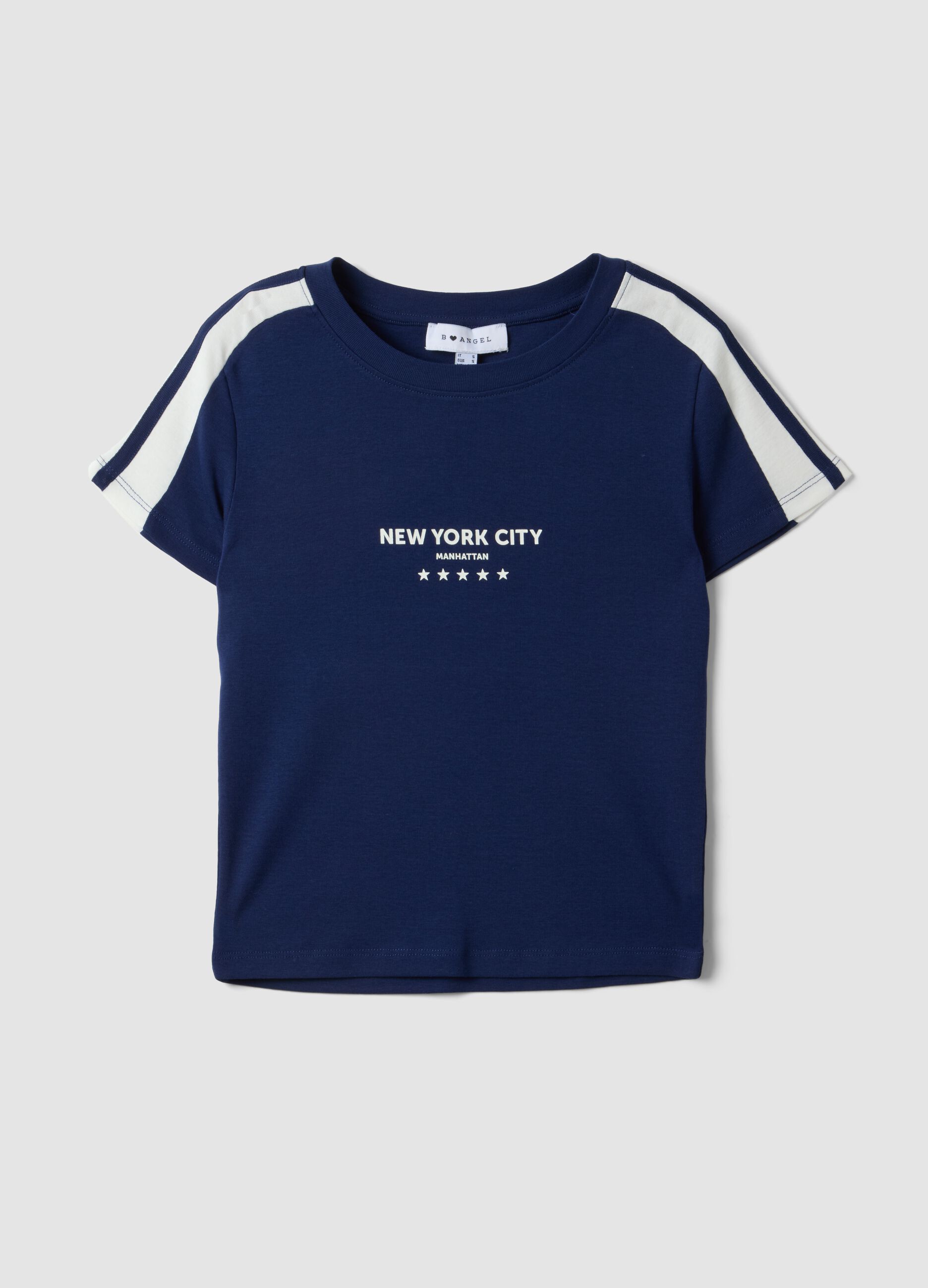 T-shirt azul em algod&atilde;o puro com decote redondo e estampado New York City