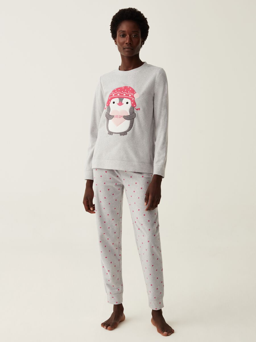 Long fleece pyjamas with owl embroidery_0