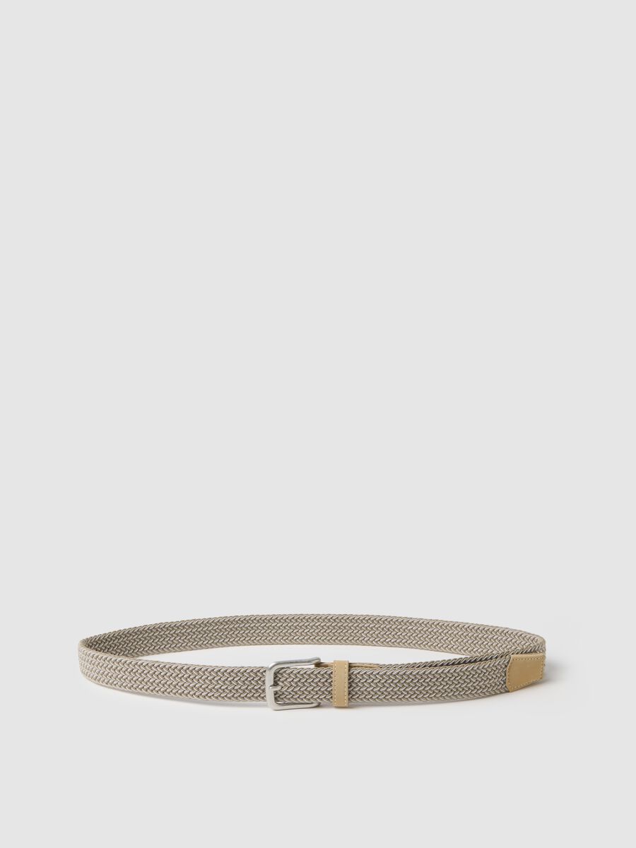 Beige braided belt with metal buckle_0