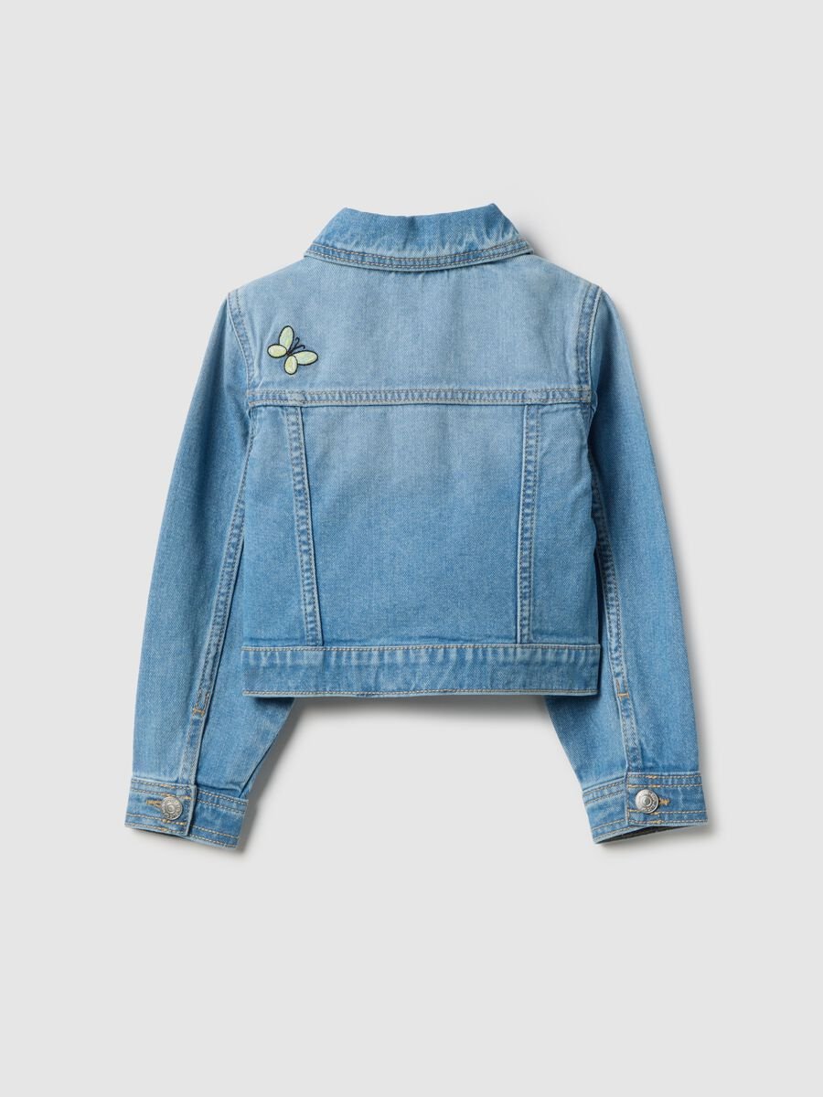 Blue regular fit pure cotton denim jacket with embellishments_1