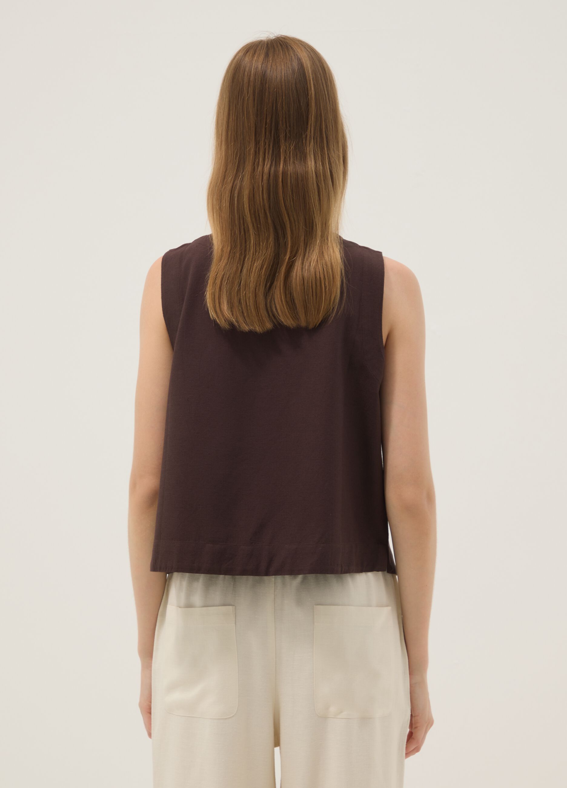 Top marron coupe regular en m&eacute;lange viscose, coton et lin