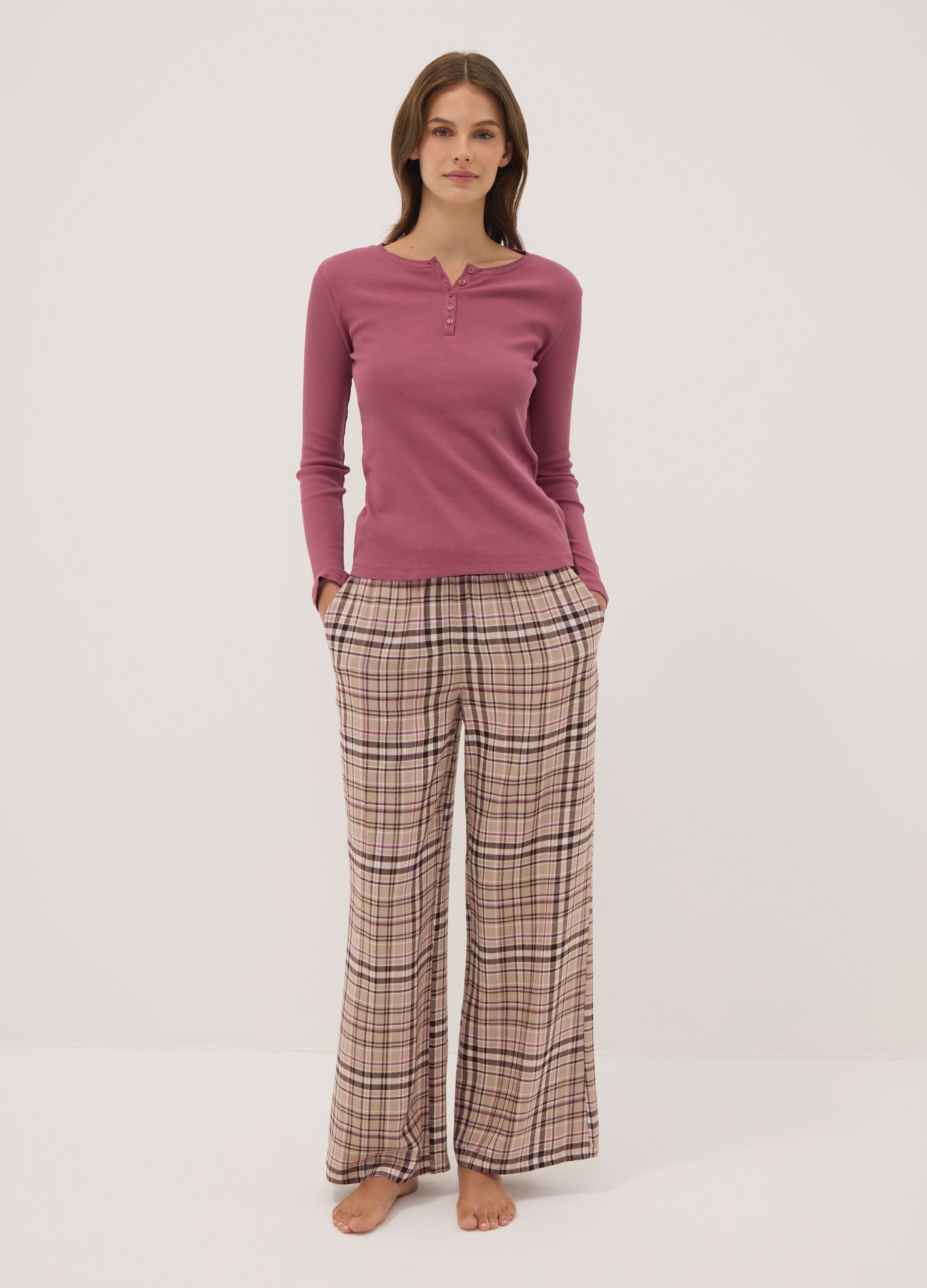 Beige pure viscose checked pyjama trousers