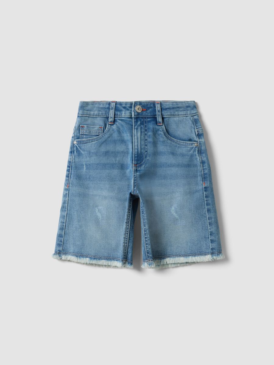 Light blue stretch denim bermuda shorts in cotton and viscose_0