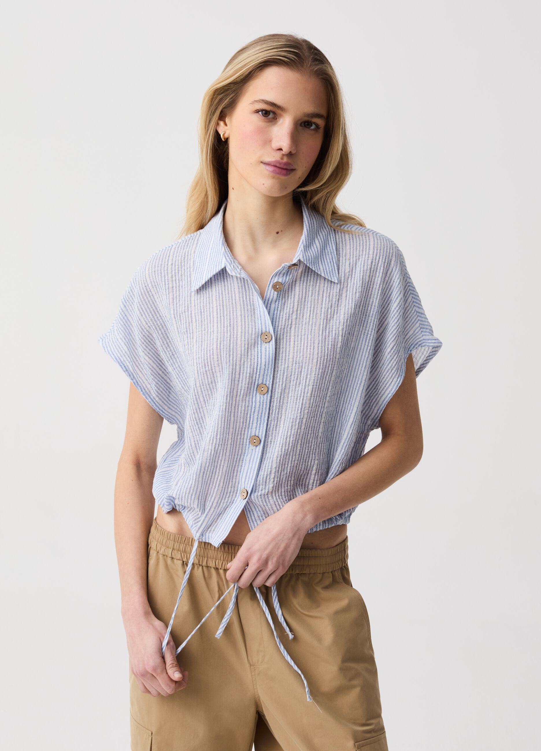 Cotton gauze shirt with drawstring