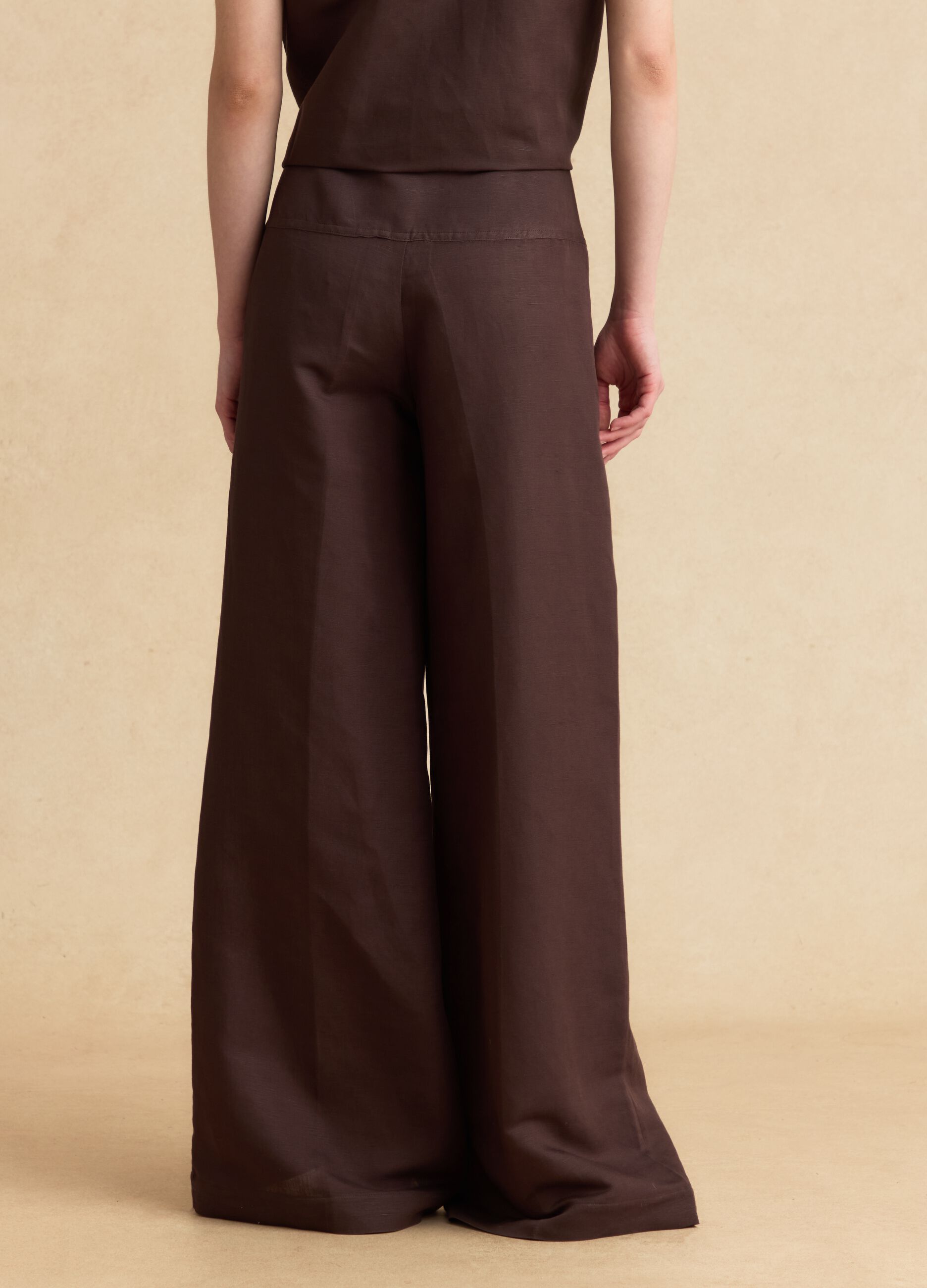 Brown linen-viscose blend wide-leg trousers with side zip fastening