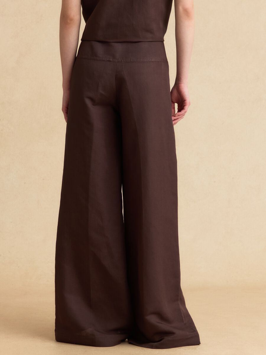 Brown linen-viscose blend wide-leg trousers with side zip fastening_2