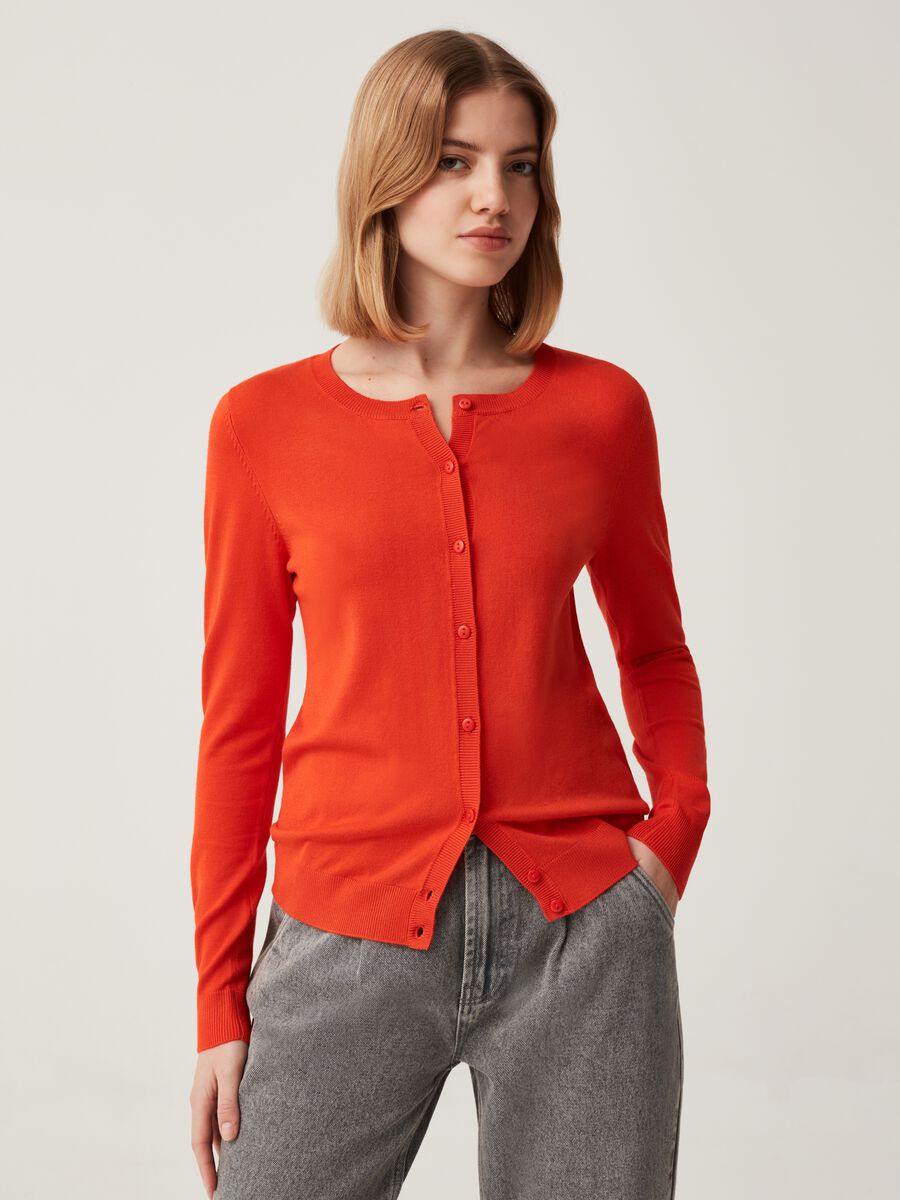Solid colour cardigan with round neck_0