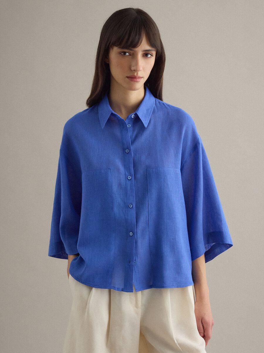 Blue Linen Blend Oversized Fit Shirt_1