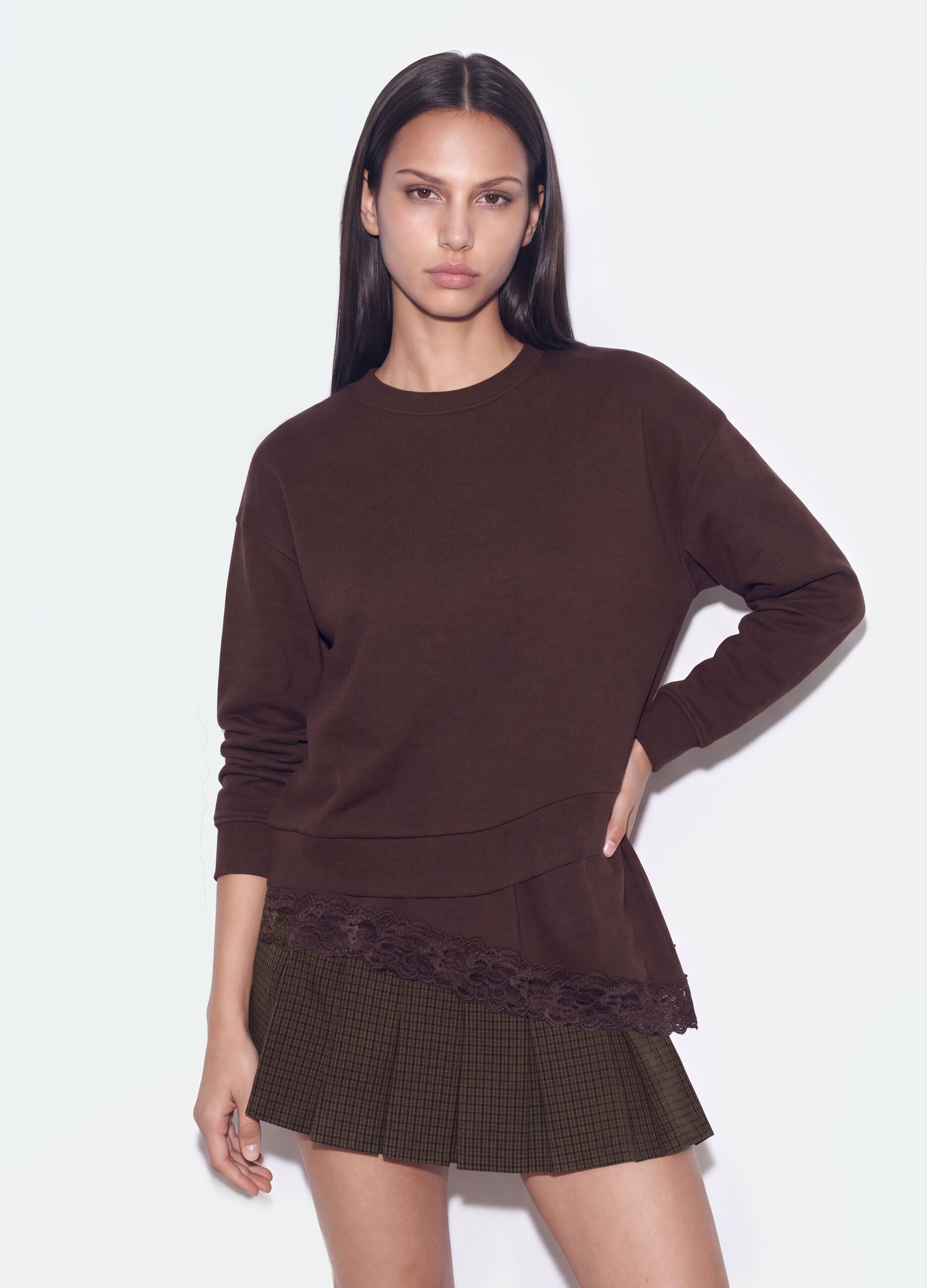 Brown cotton-blend crew-neck sweatshirt with lace detail