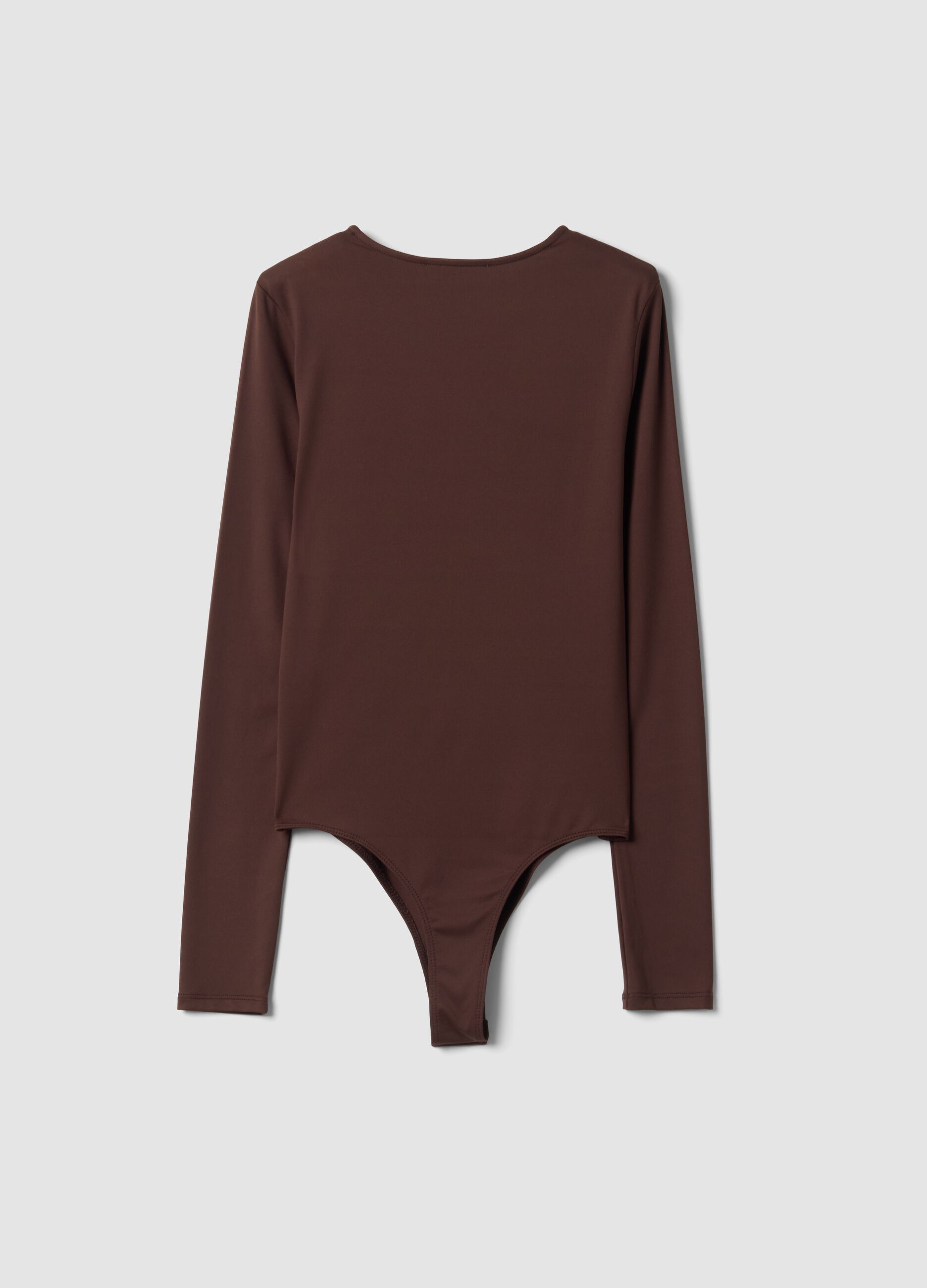 Brown stretch fabric fitted crew-neck bodysuit