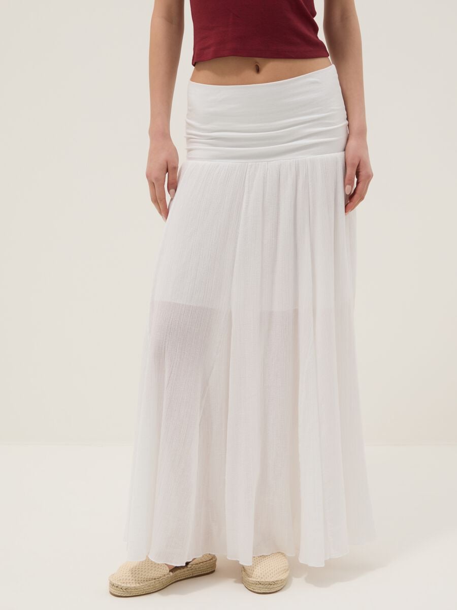 Long white pure cotton skirt with elasticated waist and sheer detailing_1