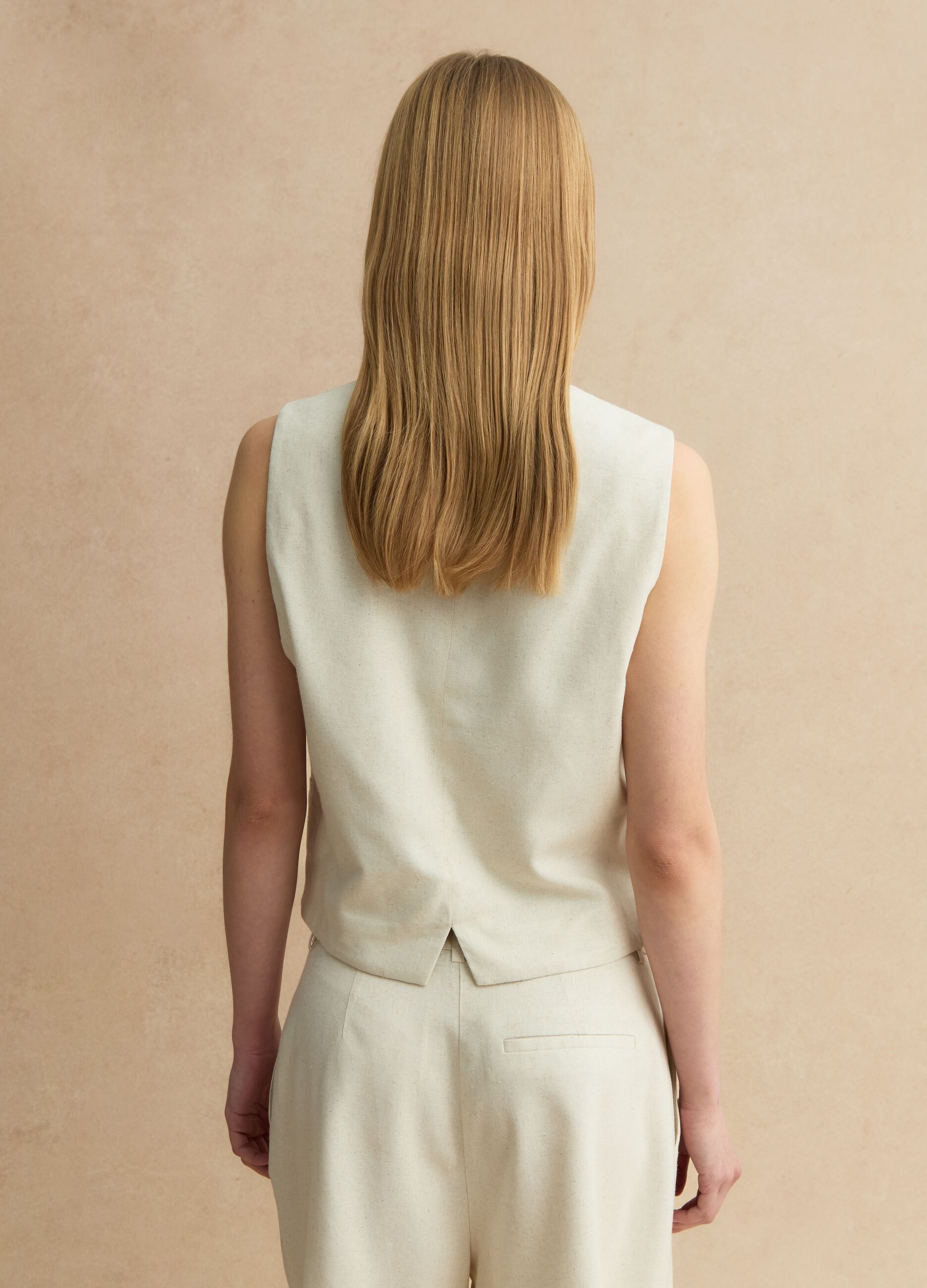 Beige Weste in Slim Fit aus Viskose-Leinen-Mix