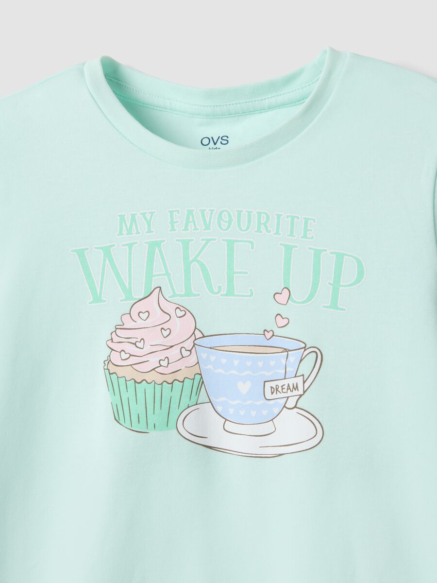 Green organic cotton pyjamas with crew neck and print for girls_2