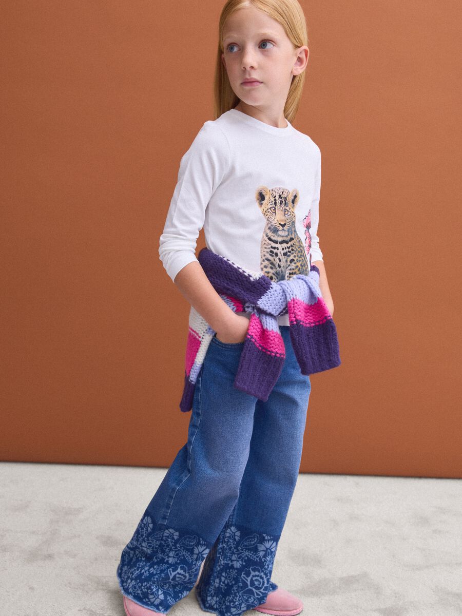 Blue wide-leg pure cotton jeans with floral print for girls_2