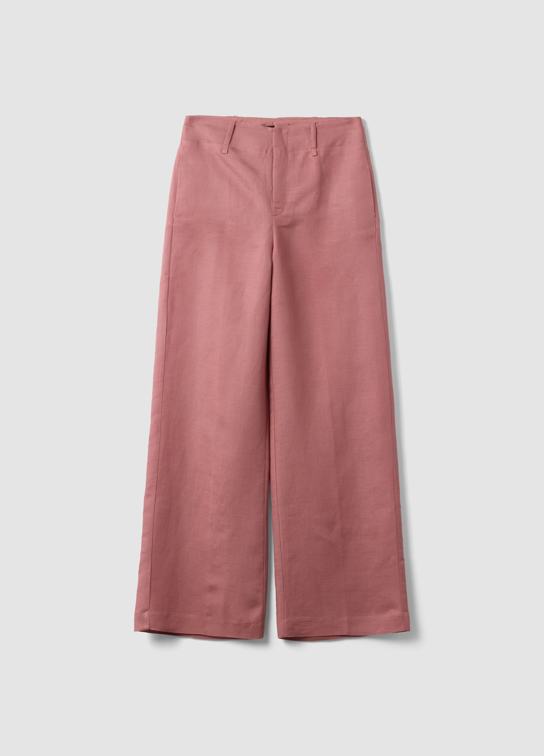 Cal&ccedil;as rosa wide leg em mistura de linho e viscose com c&oacute;s estruturado