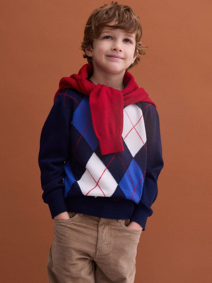 Blue pure wool jumper with jacquard crew neck_1