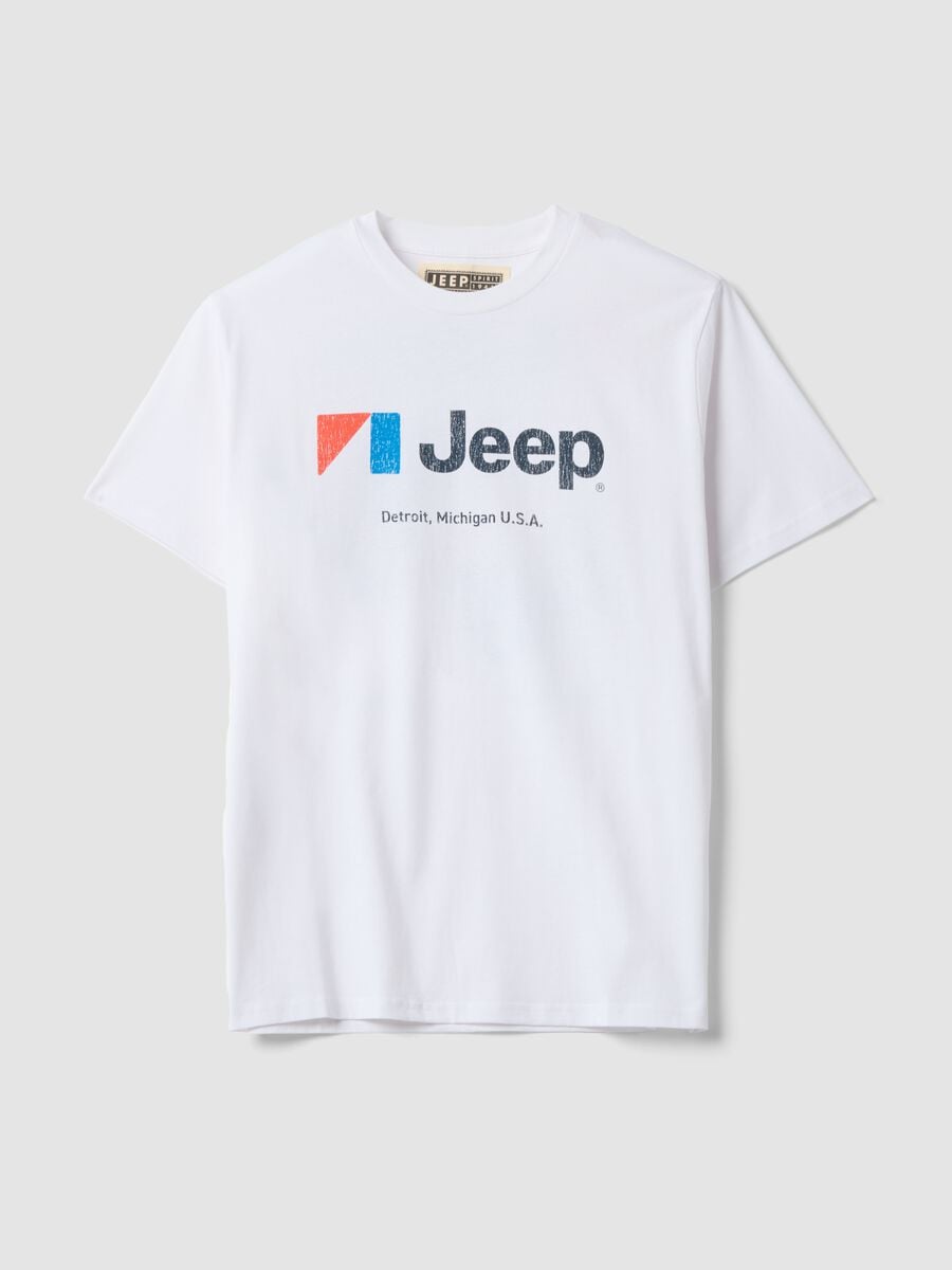 White pure cotton crew-neck T-shirt with Jeep print_0