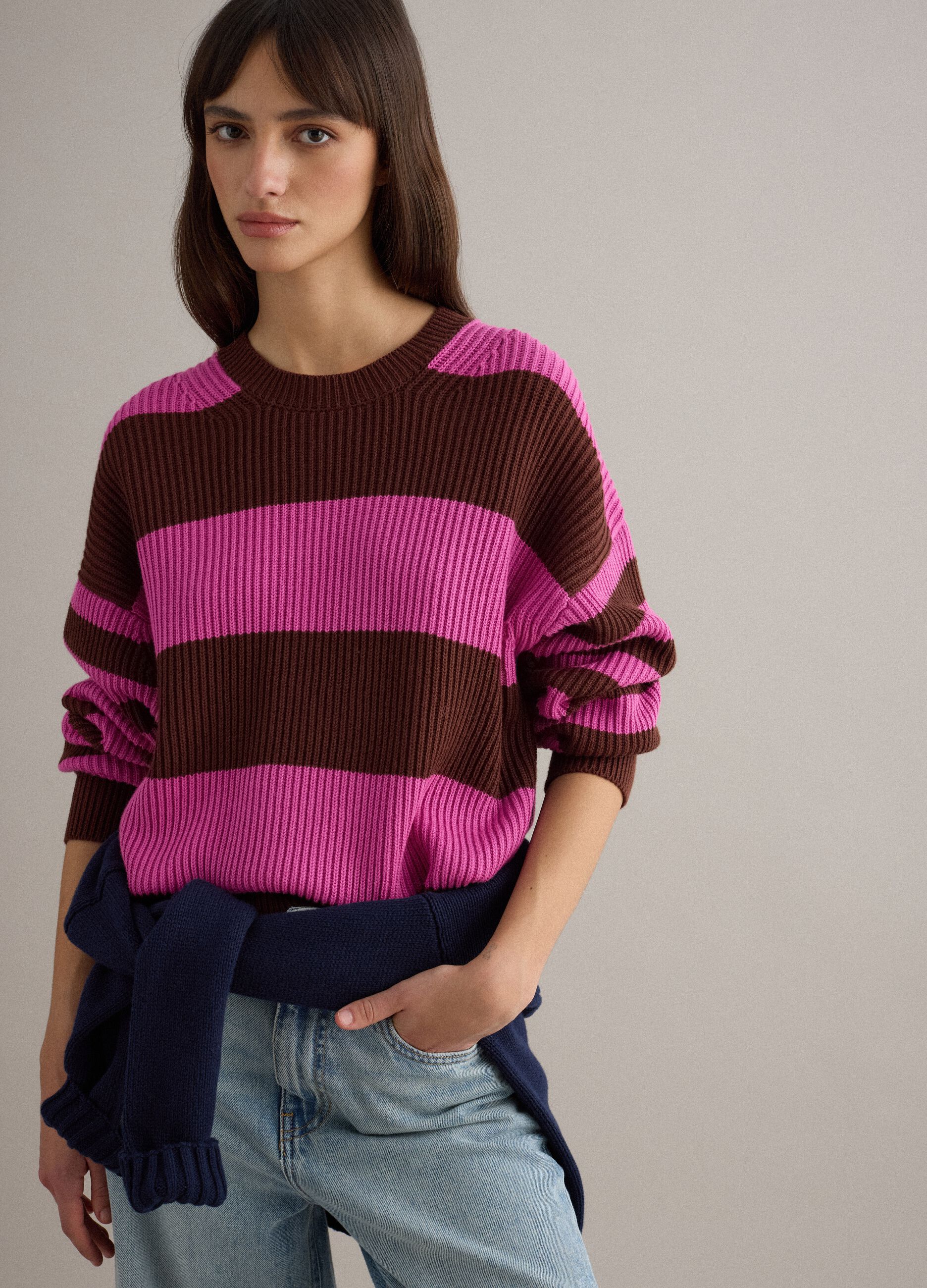 Multicoloured striped crew neck sweater in regular fit cotton blend
