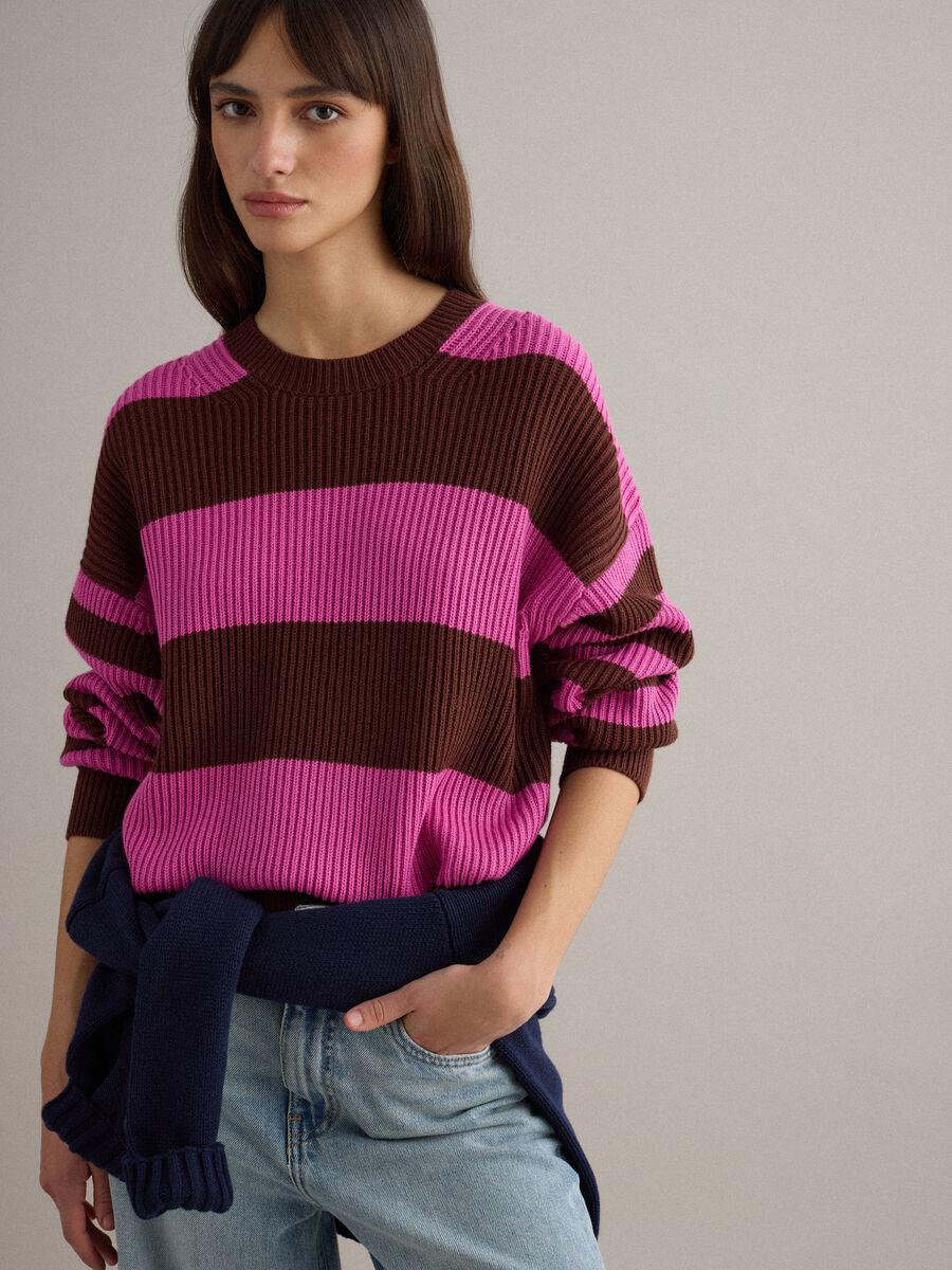 Multicoloured striped crew neck sweater in regular fit cotton blend_0