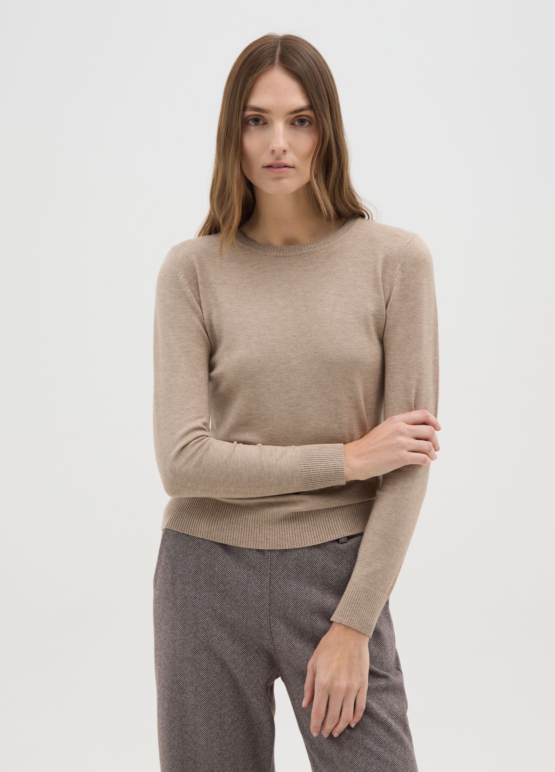 Beige Round Neck Long Sleeve Sweater