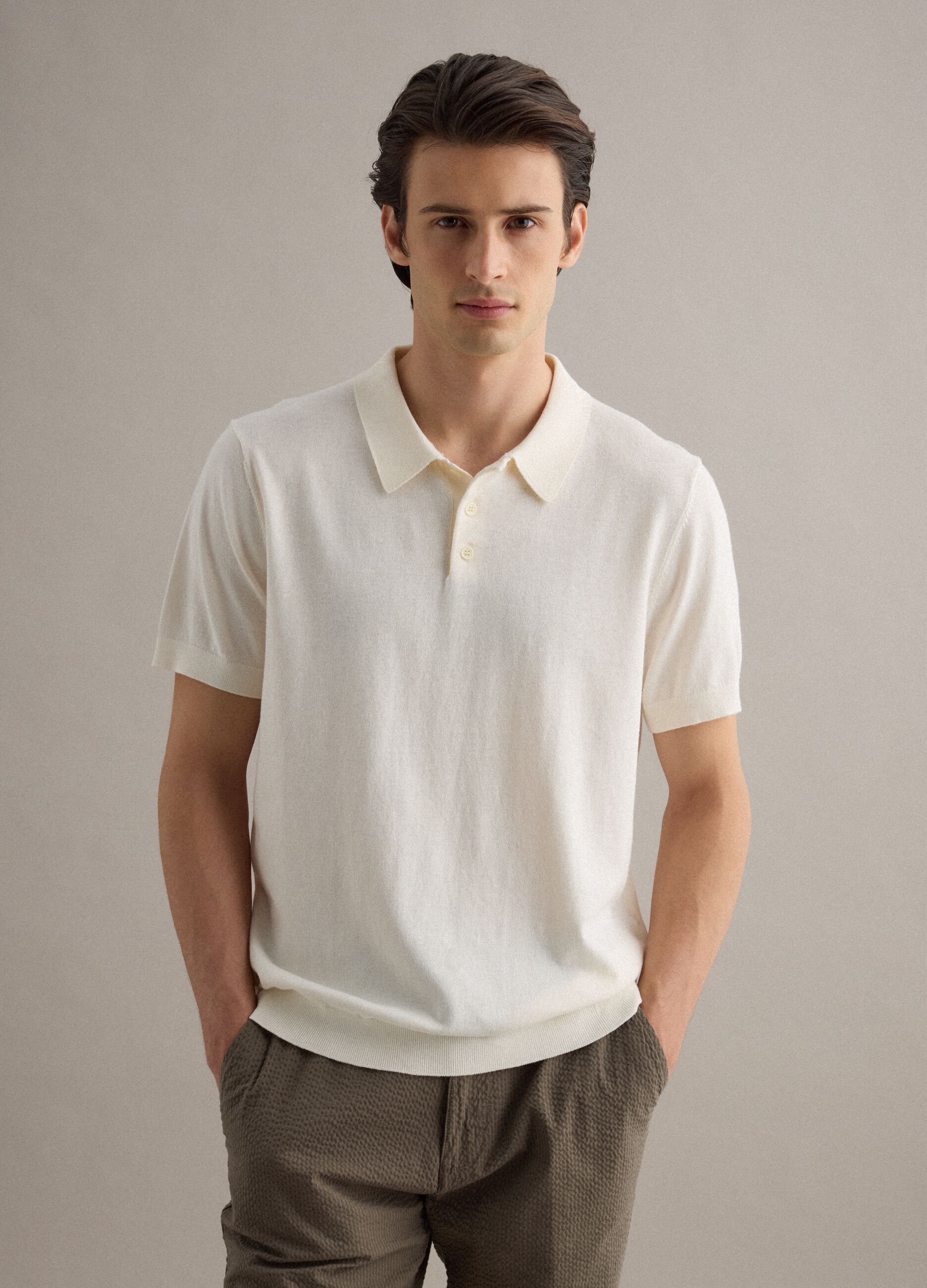 Regular fit white polo in cotton, linen, and silk blend