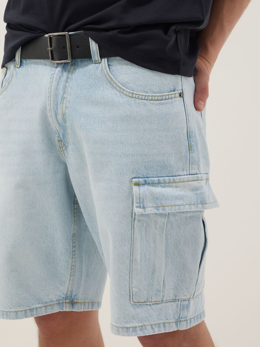 Regular fit azure denim pure cotton Bermuda shorts_4