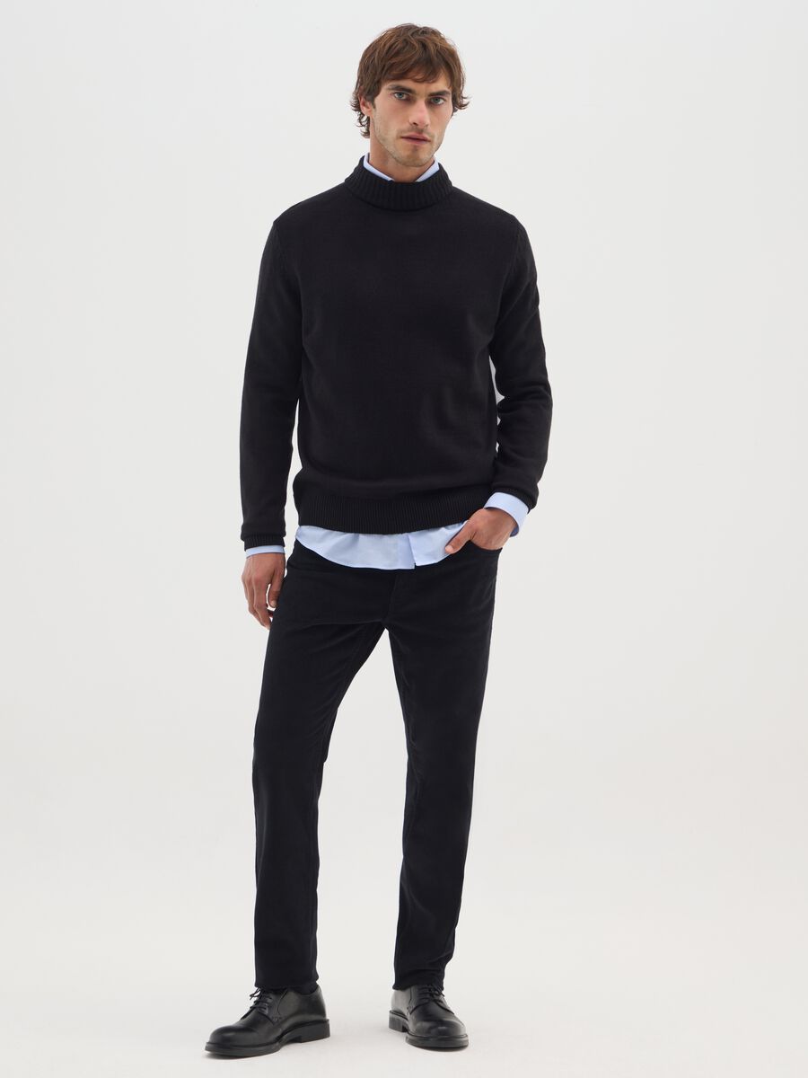Black stretch cotton ribbed slim fit trousers_0
