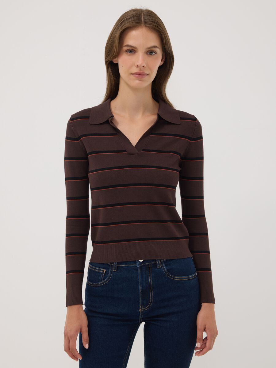 Brown viscose-blend polo-collar jumper, regular fit_0