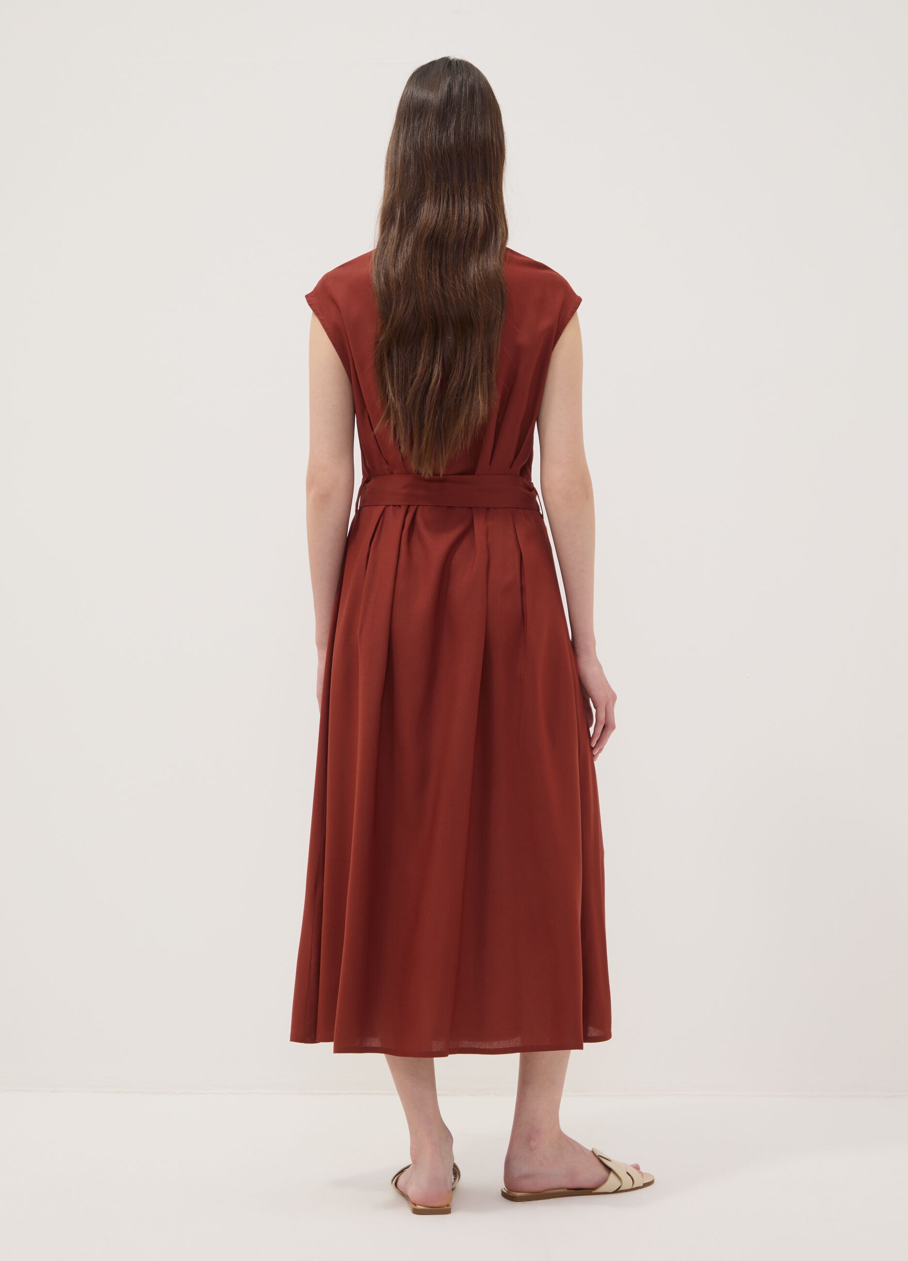 Red midi dress in pure viscose with tie belt, regular fit