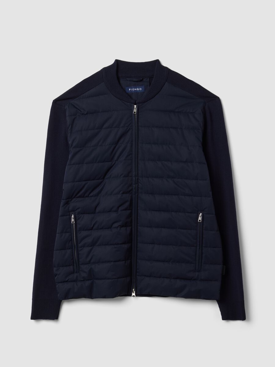 Blue pure cotton zip jacket with knitted sleeves, regular fit_0