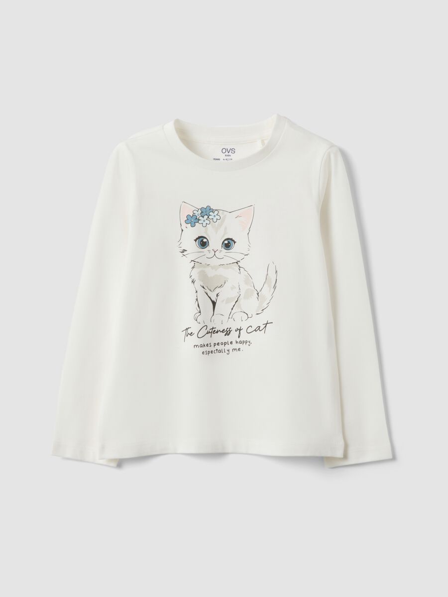 White organic cotton regular-fit T-shirt with kitten print_0
