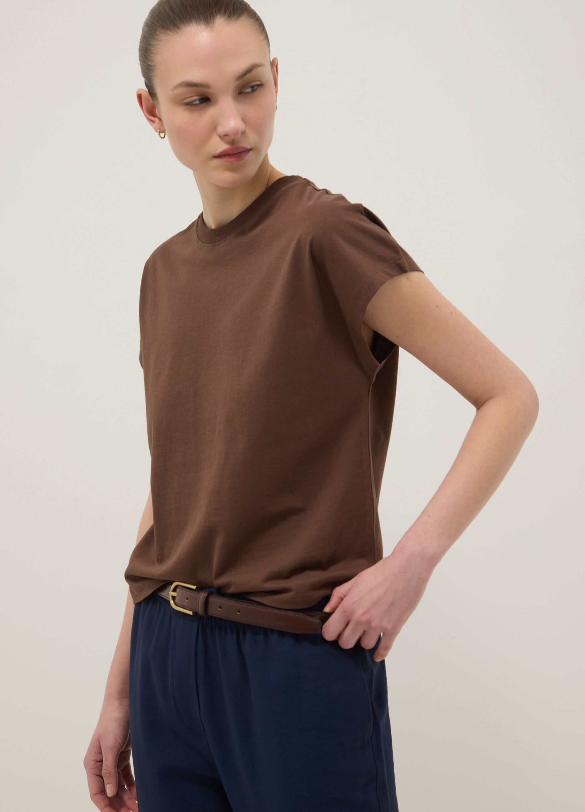 Brown fitted pure cotton short-sleeve T-shirt