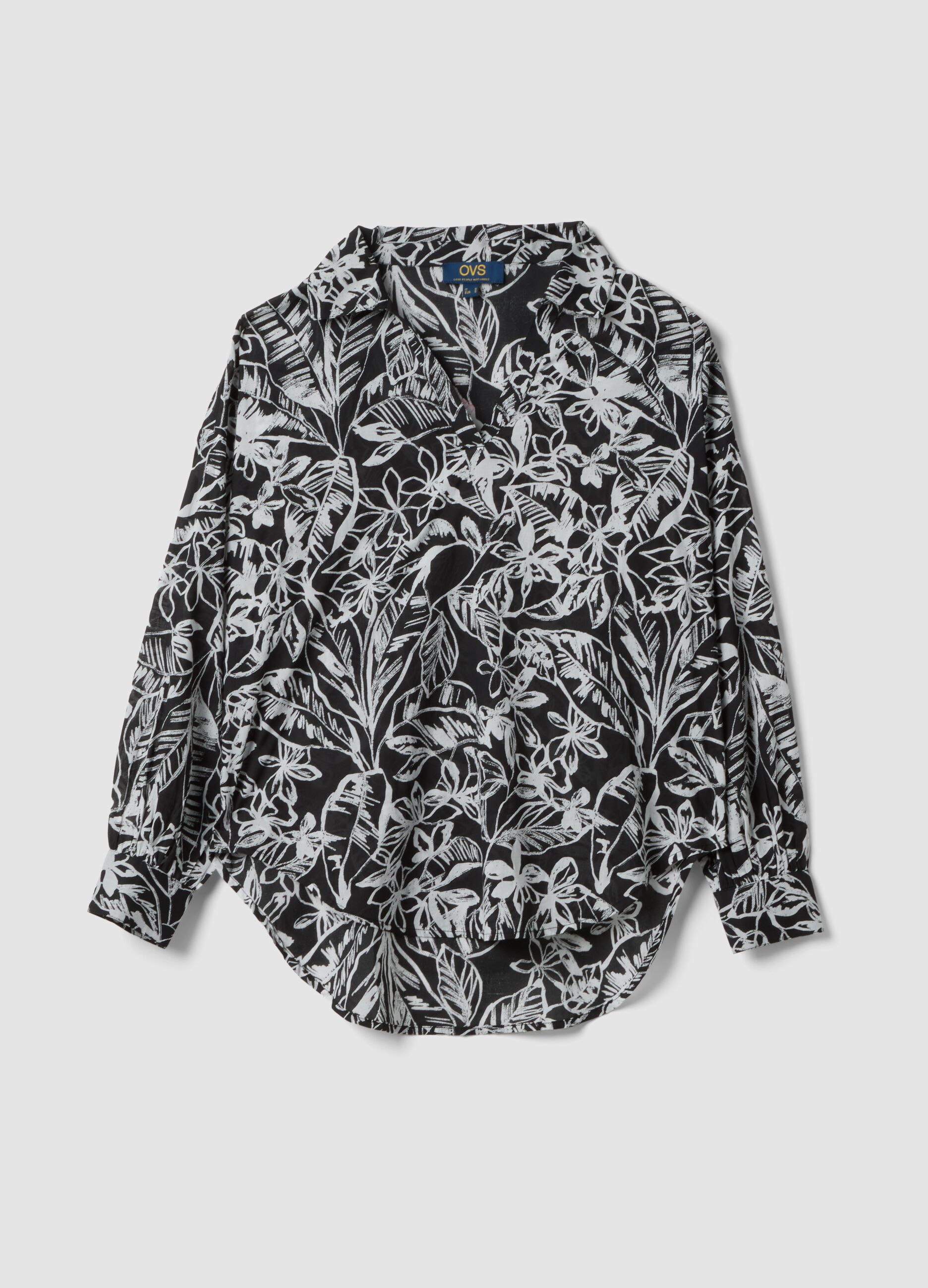 Pure cotton multicolour floral print V-neck shirt