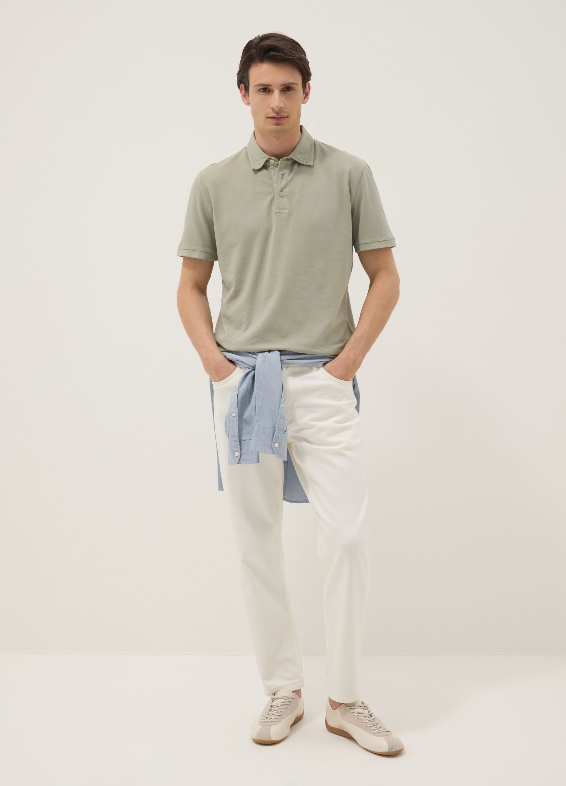 Green slim-fit short-sleeve pure cotton polo shirt