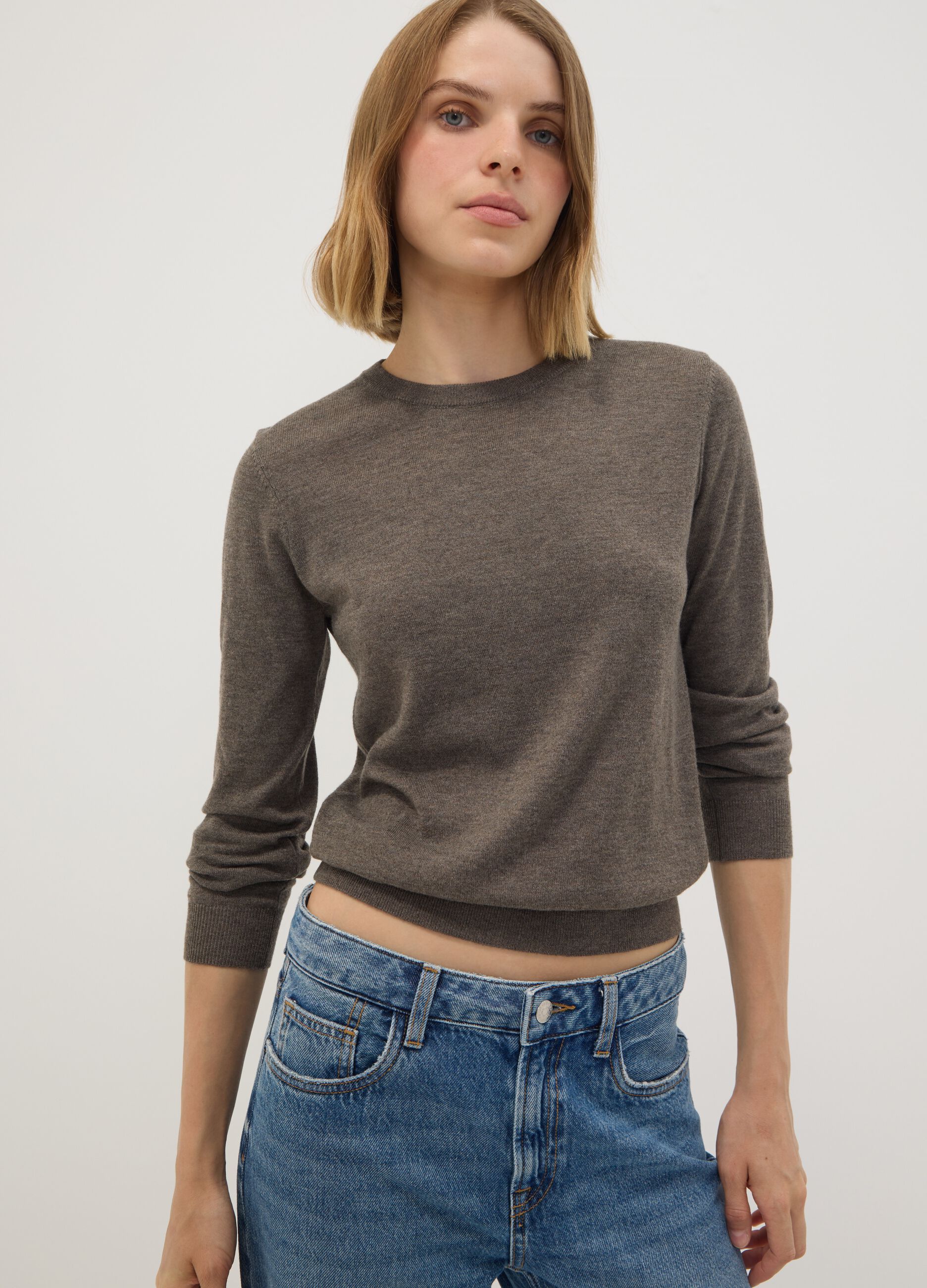 Grey crew-neck wool-blend jumper, regular fit