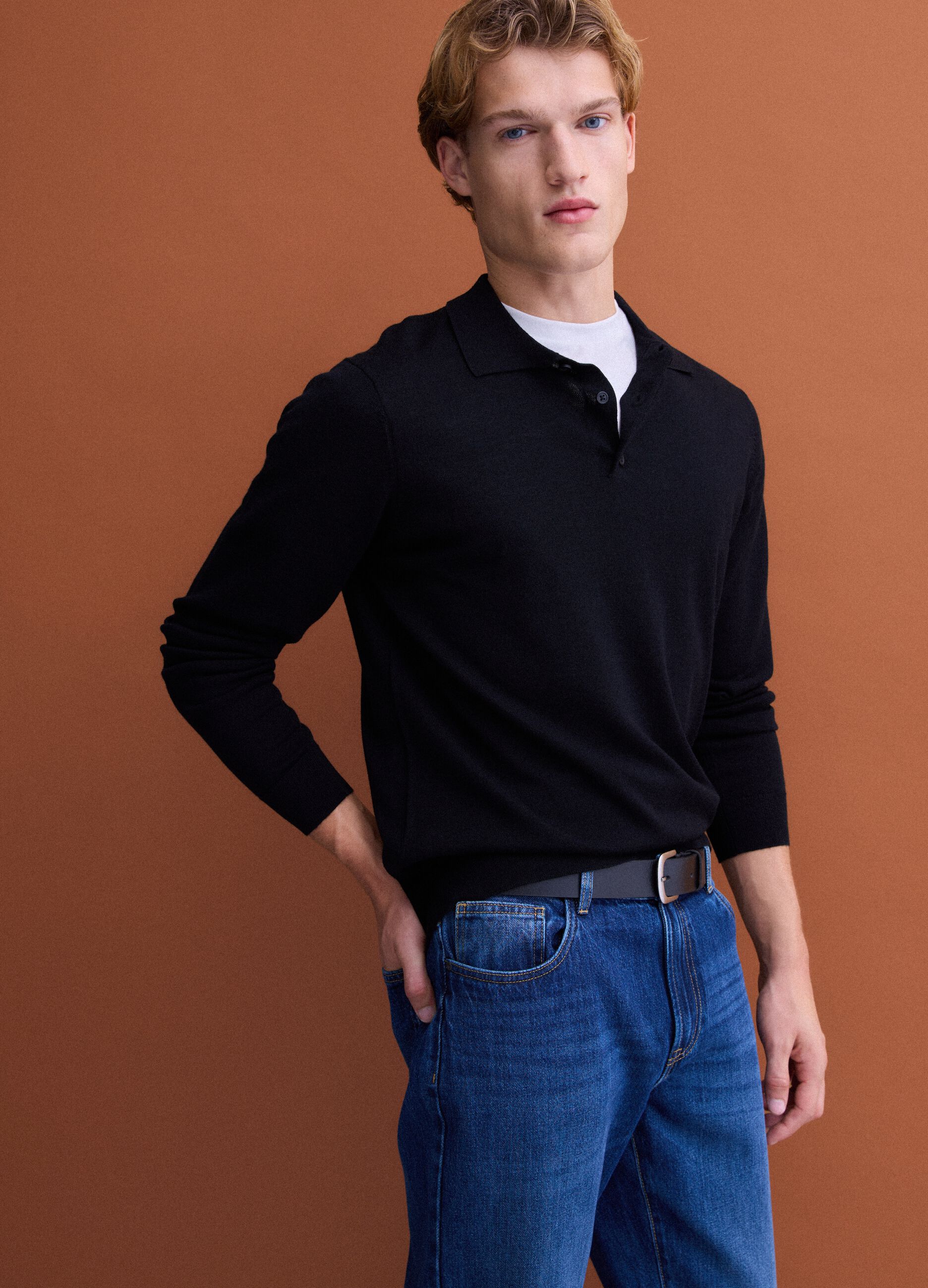 Black pure merino wool polo jumper with polo collar