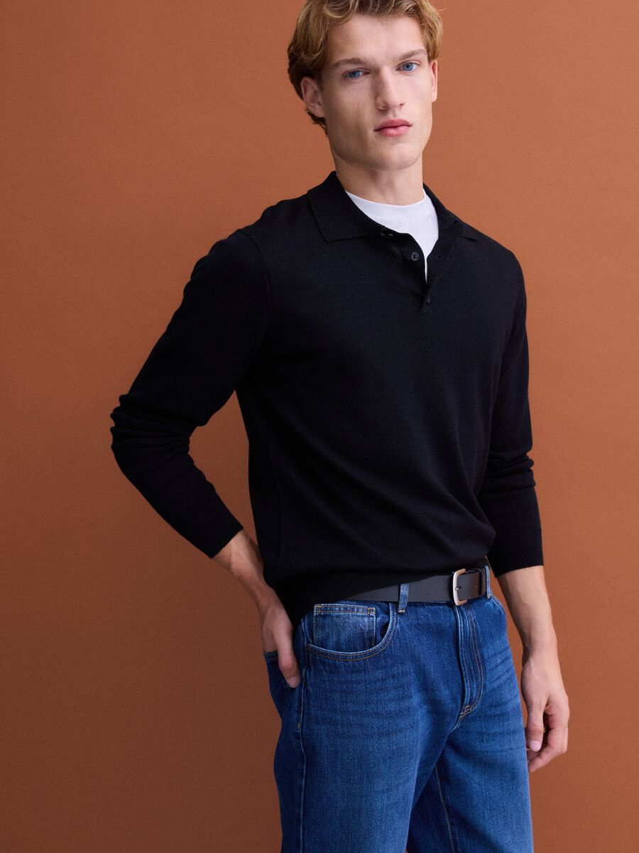 Black pure merino wool polo jumper with polo collar_0