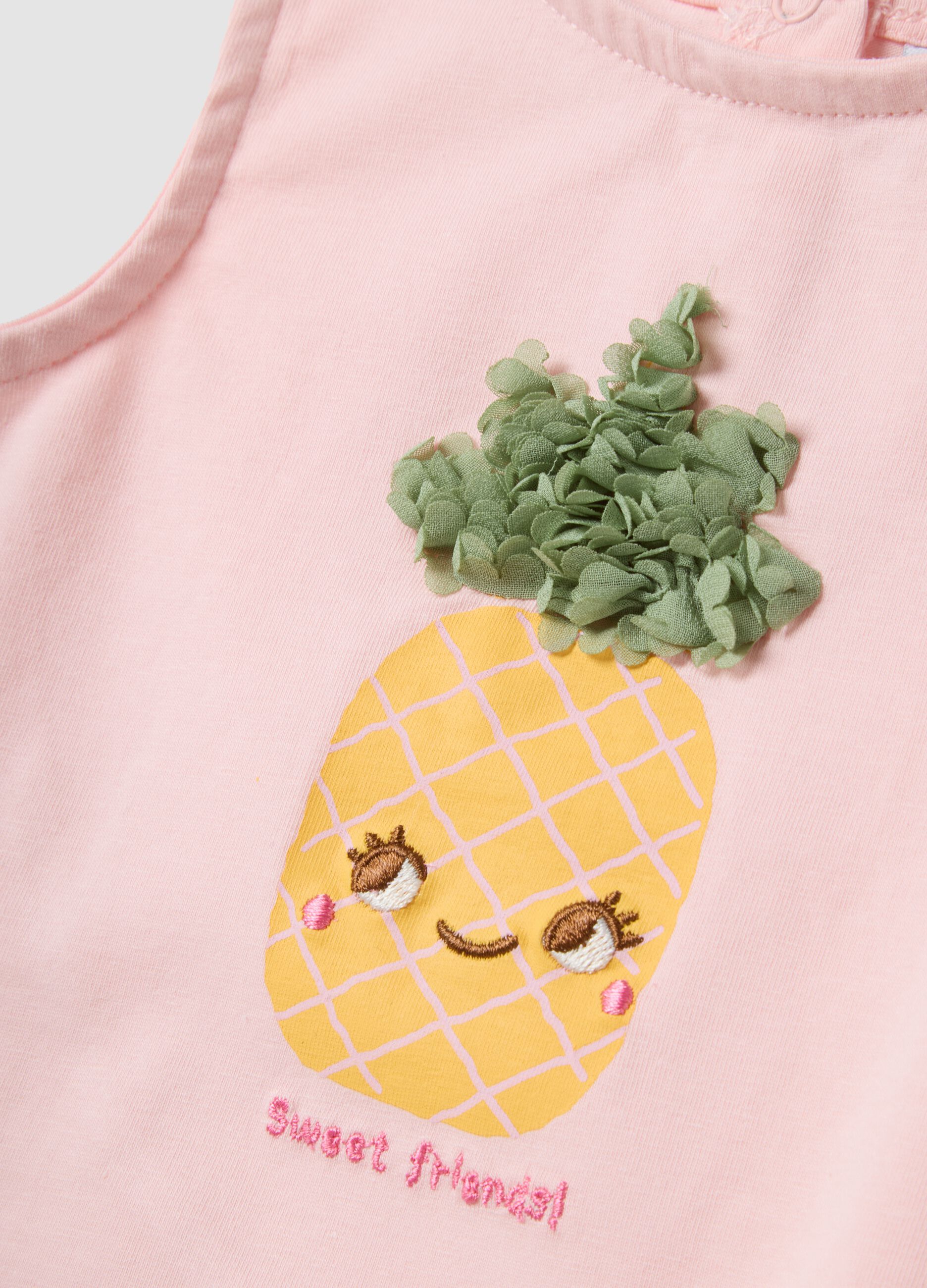 Top rosa justo em algod&atilde;o el&aacute;stico com estampado e aplica&ccedil;&atilde;o para beb&eacute; menina