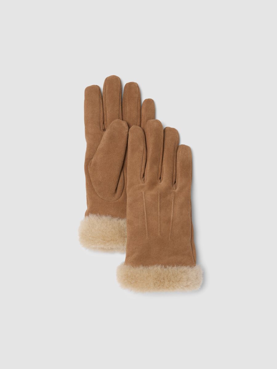 Brown genuine leather gloves with soft cuff_0